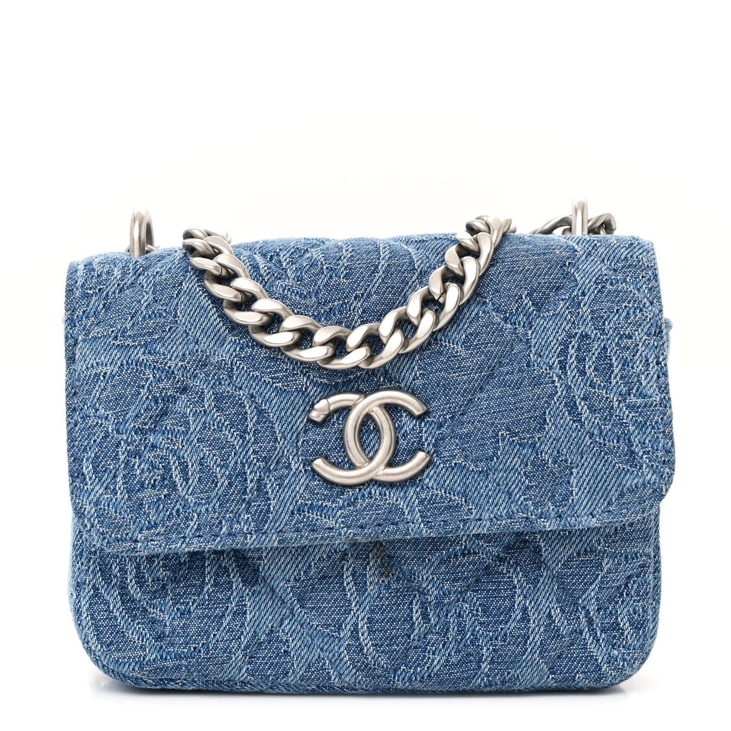 Denim Quilted Camellia Sweetheart Clutch With Chain Blue