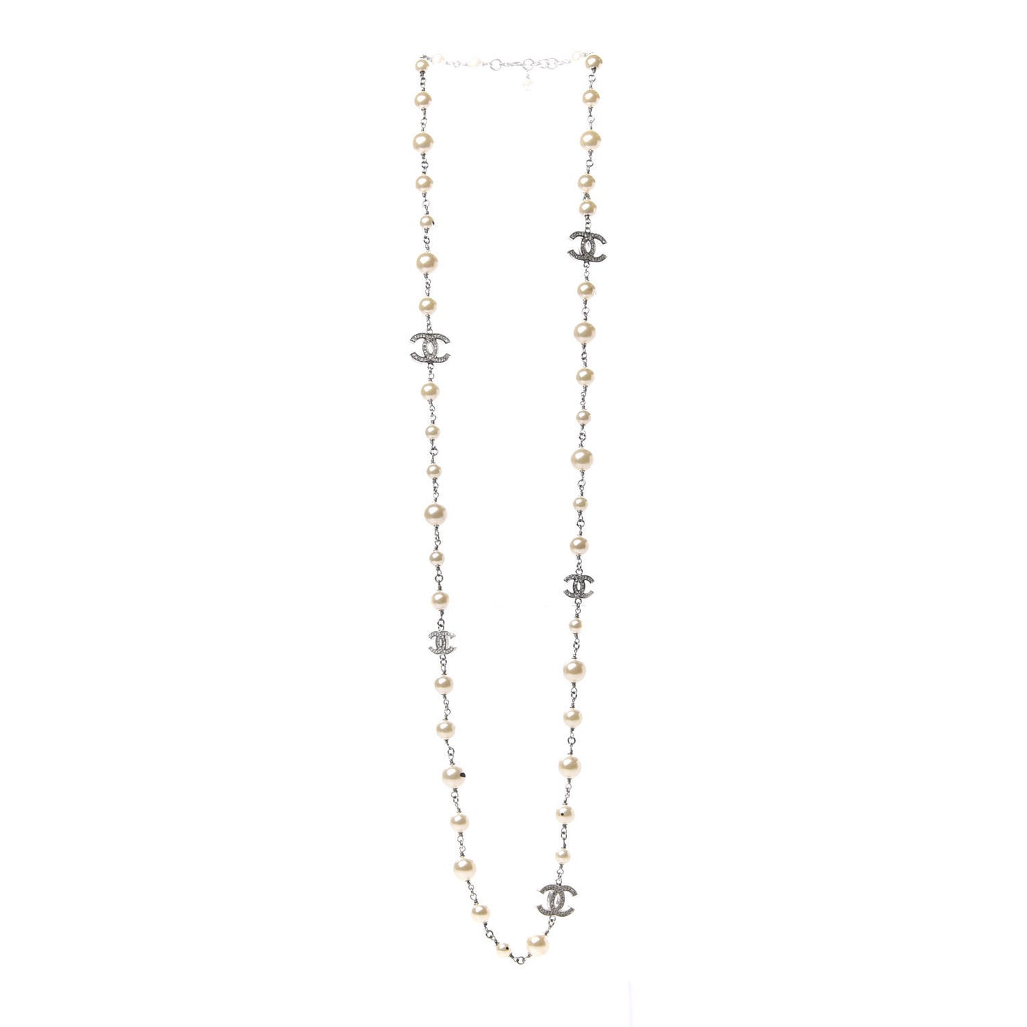 Crystal Pearl CC Long Necklace Silver