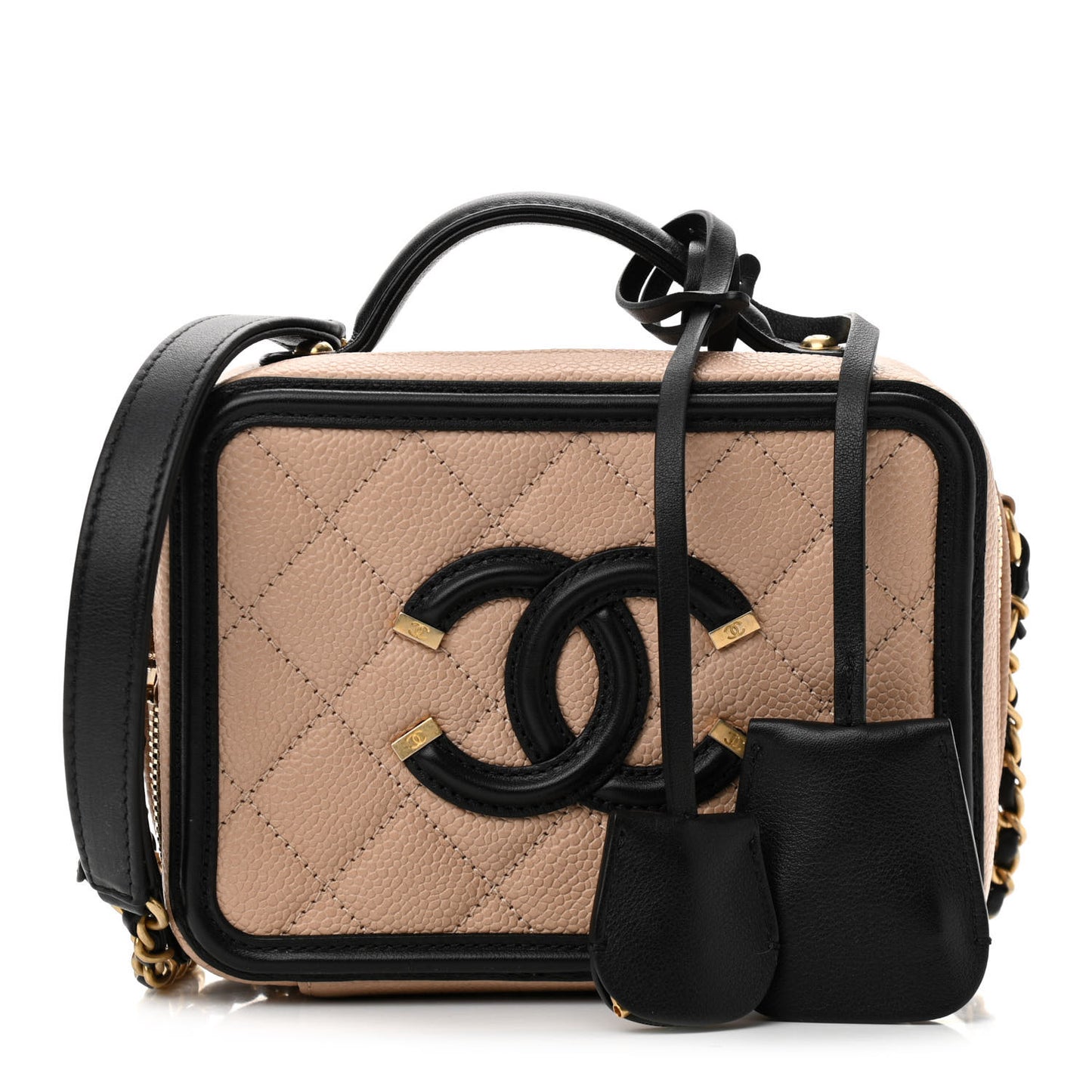 Caviar Quilted Small CC Filigree Vanity Case Beige Black
