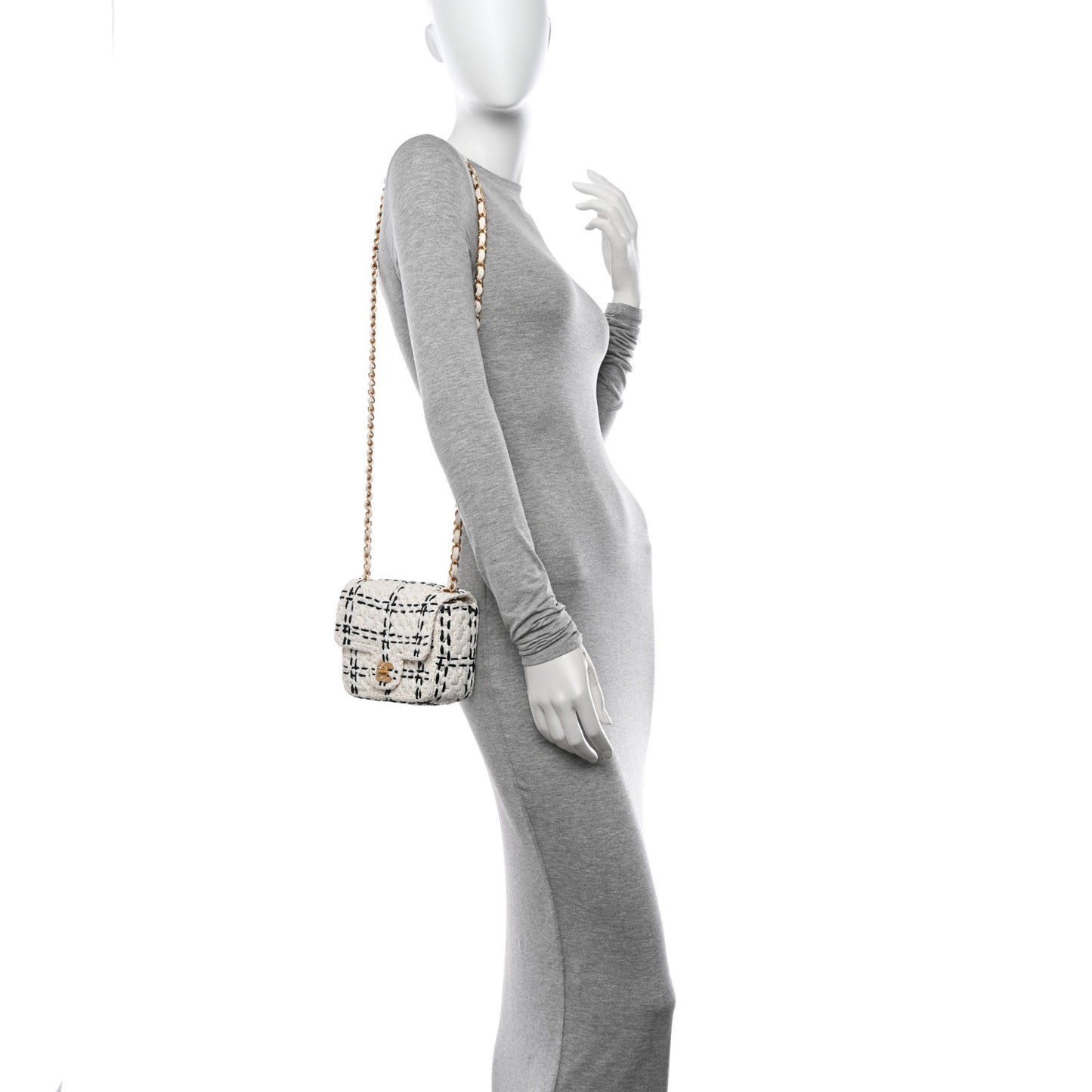 Raffia Effect Tweedy Mini Flap Bag White Black