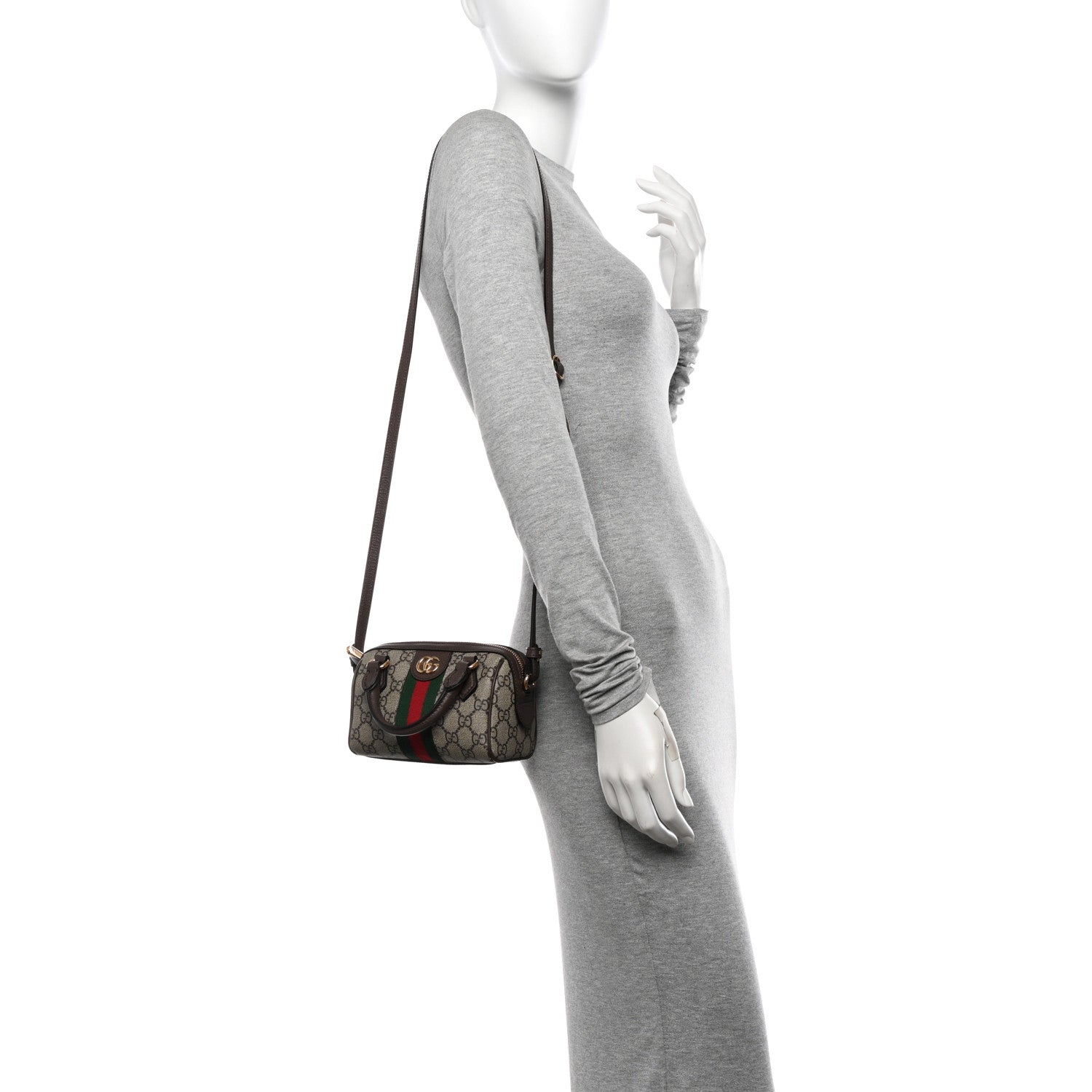 Gucci GG Supreme Monogram Textured Dollar Calfskin Web Super Mini Ophidia Top Handle Bowler Bag Beige Ebony New Acero 2 of 12