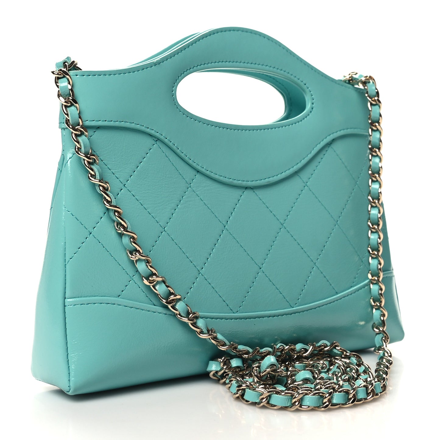 Shiny Crumpled Calfskin Quilted Nano 31 Shopping Bag Turquoise