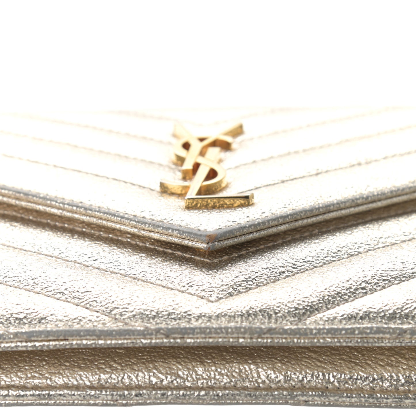 Metallic Crackled Calfskin Matelasse Chevron Monogram Envelope Chain Wallet Gold