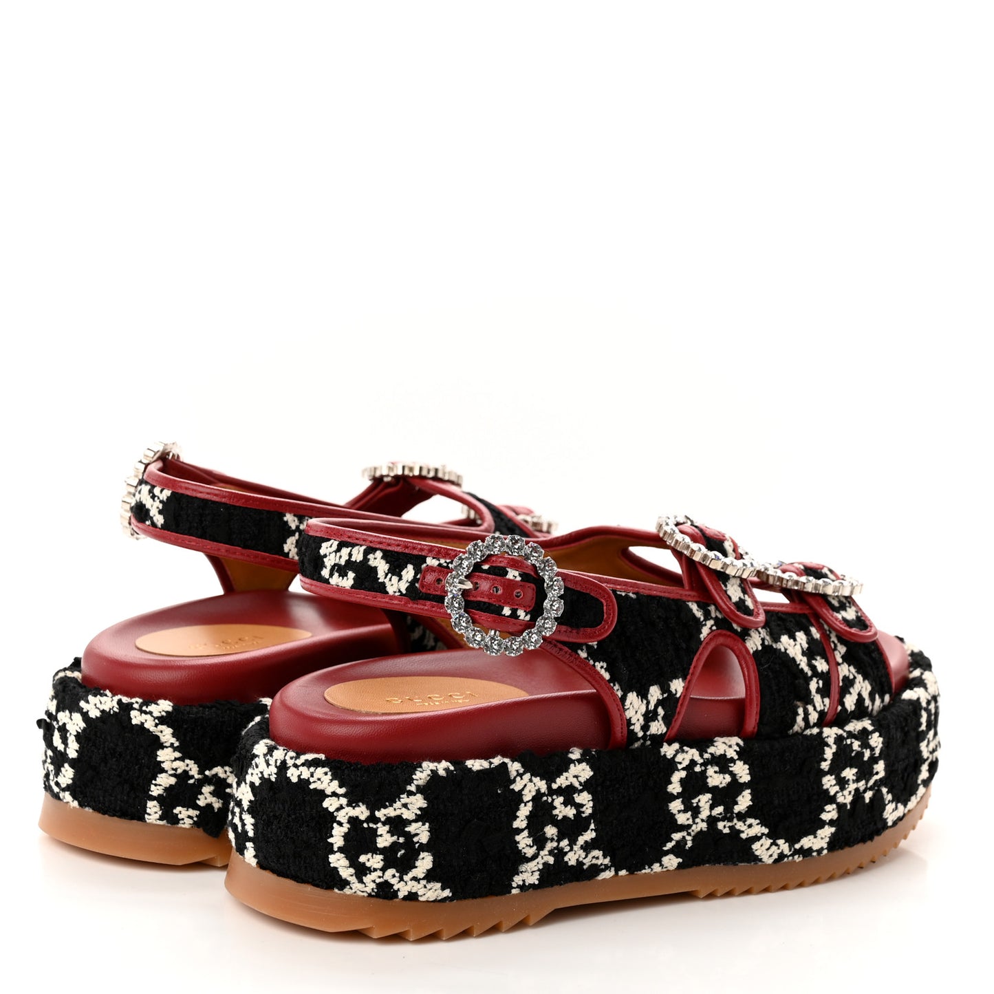 Tweed GG Monogram Crystal Angelina Platform Slingback Sandals 36 Black Natural Cerise