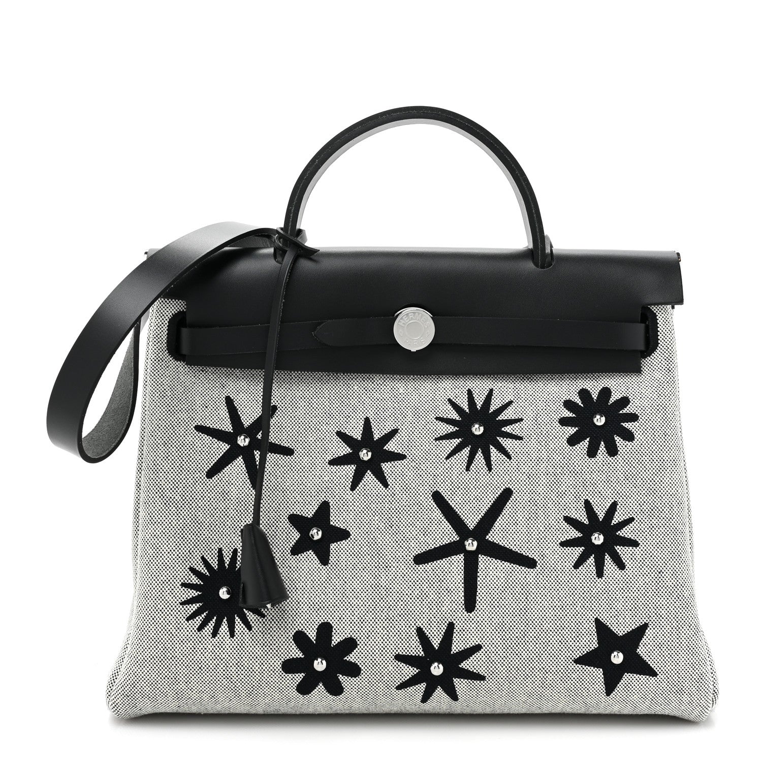 Hermes H Plume Canvas Vache Hunter Circuit Rider Hobnailed Herbag Zip Retourne 31 PM Black Ecru 1 of 11