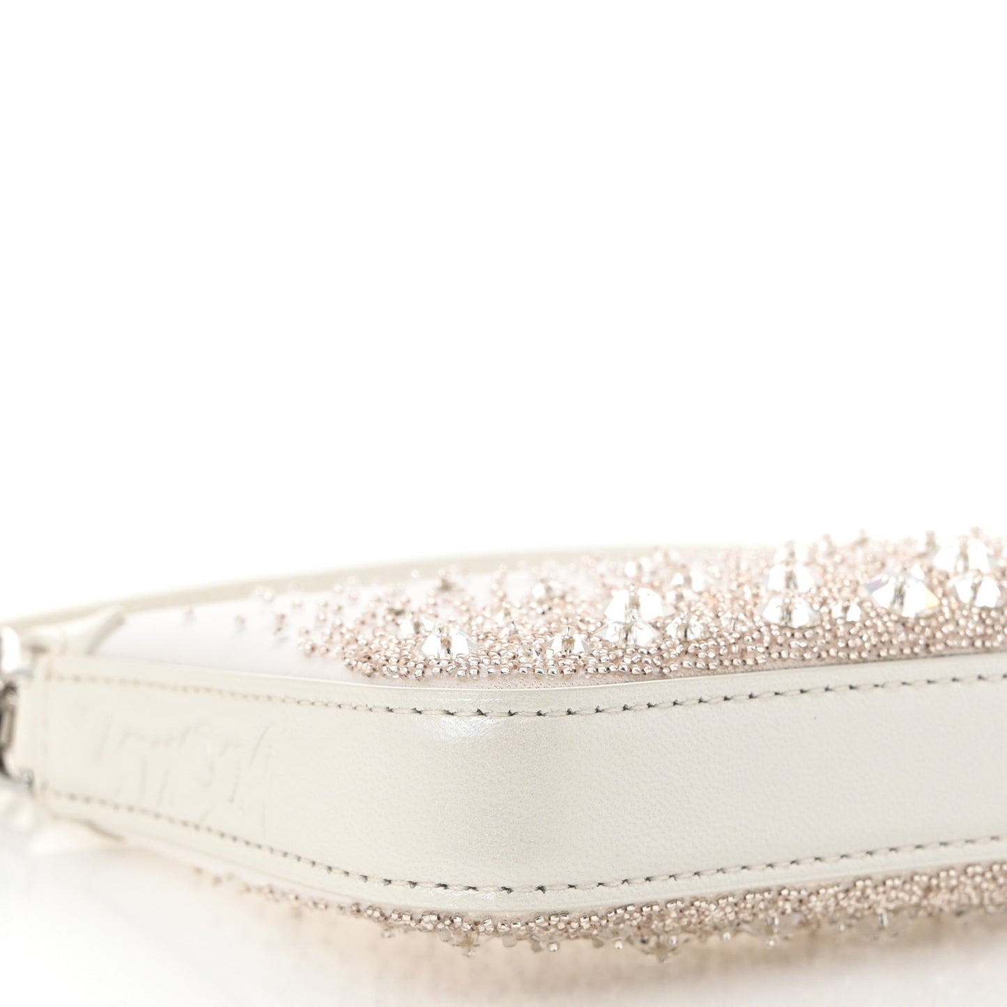Mesh Fabric Crystal Embellished Mini Loubila Chain Clutch Bianco Silver
