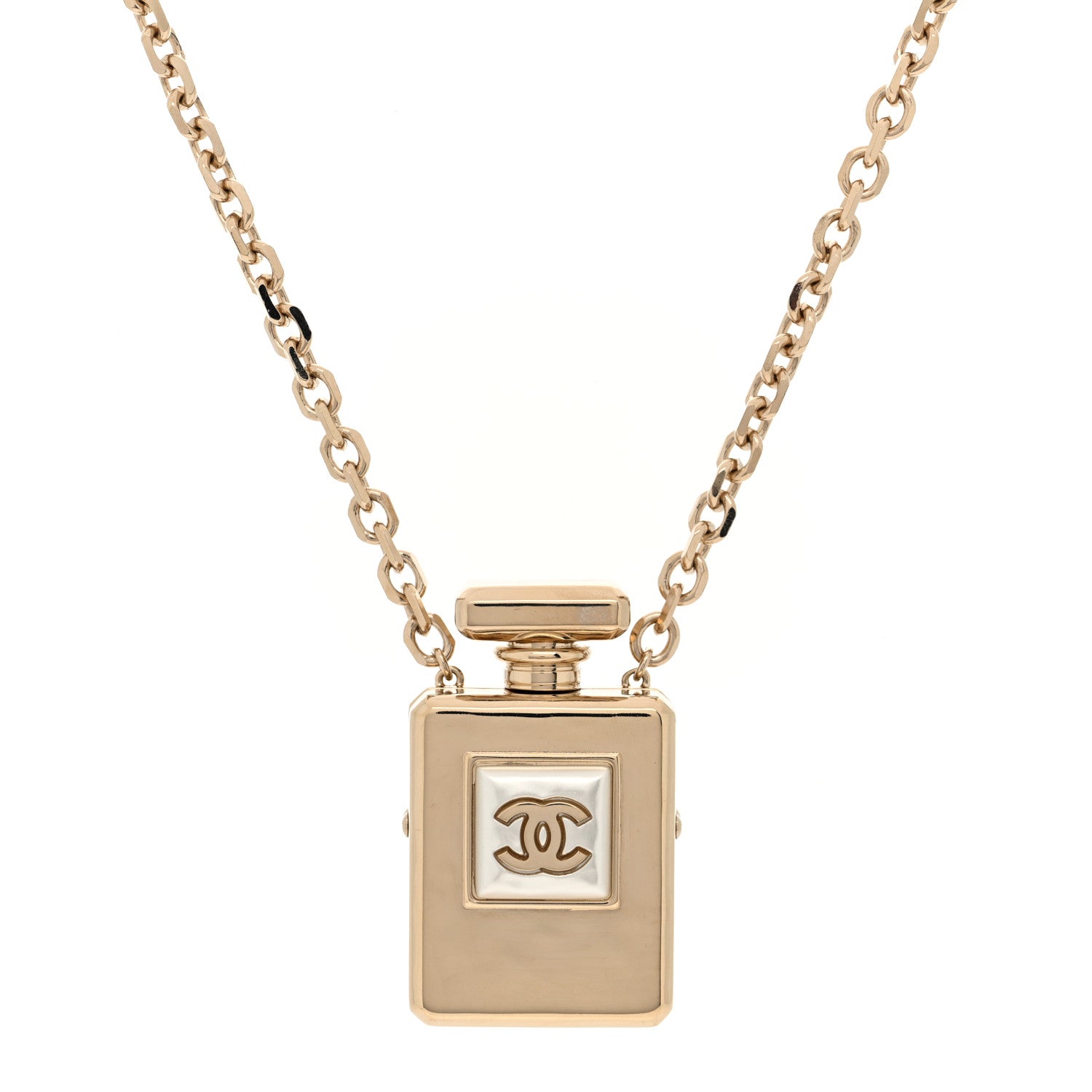 Chanel Metal Pearl Perfume Bottle CC Locket Necklace Gold 1859858