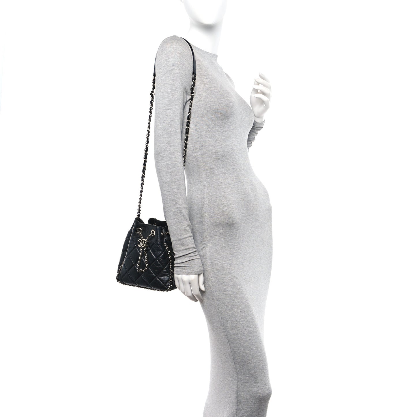 Crumpled Calfskin Quilted Chain All Over Drawstring Bucket Bag Black