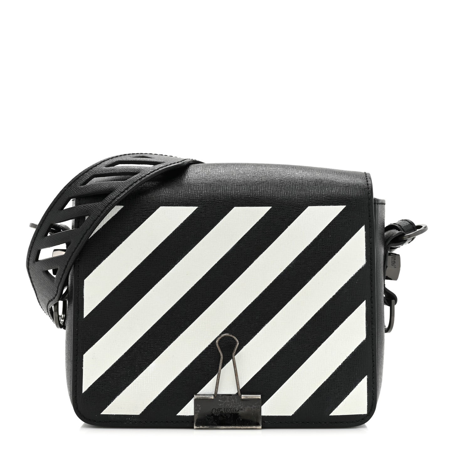 Saffiano Striped Diag Binder Clip Bag Black White