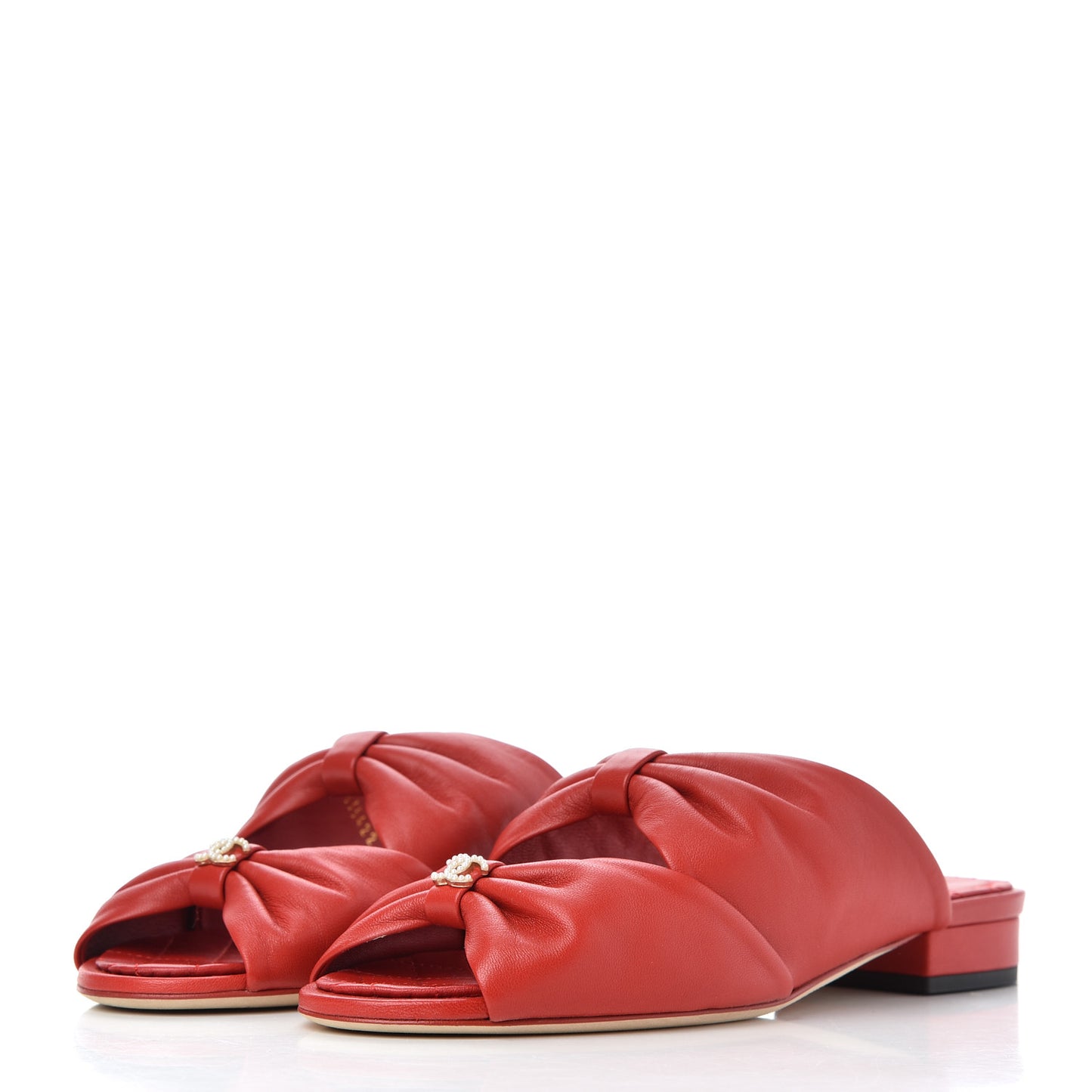 Lambskin Pearl Bow CC Flat Sandals 37 Red