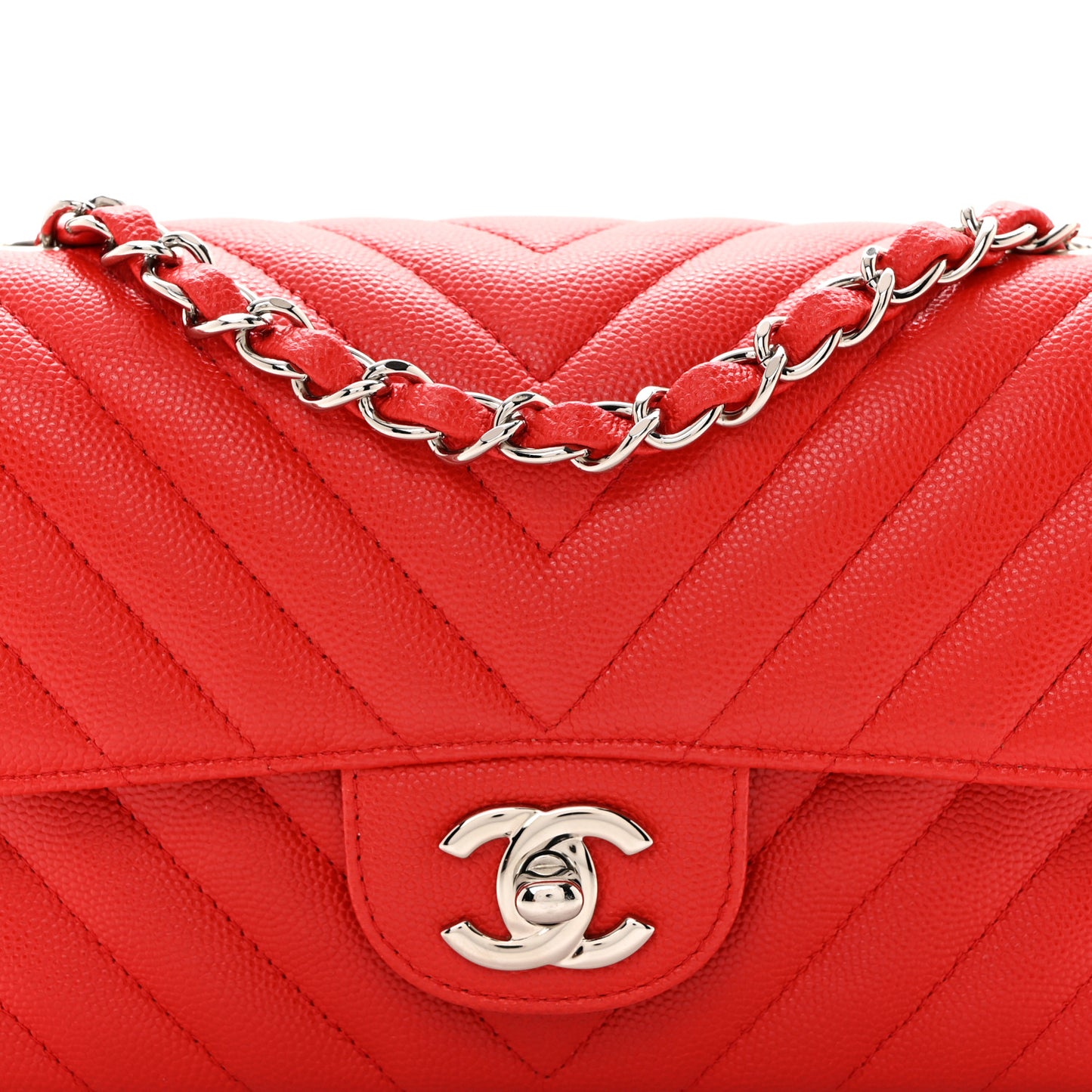 Caviar Chevron Quilted Mini Rectangular Flap Red