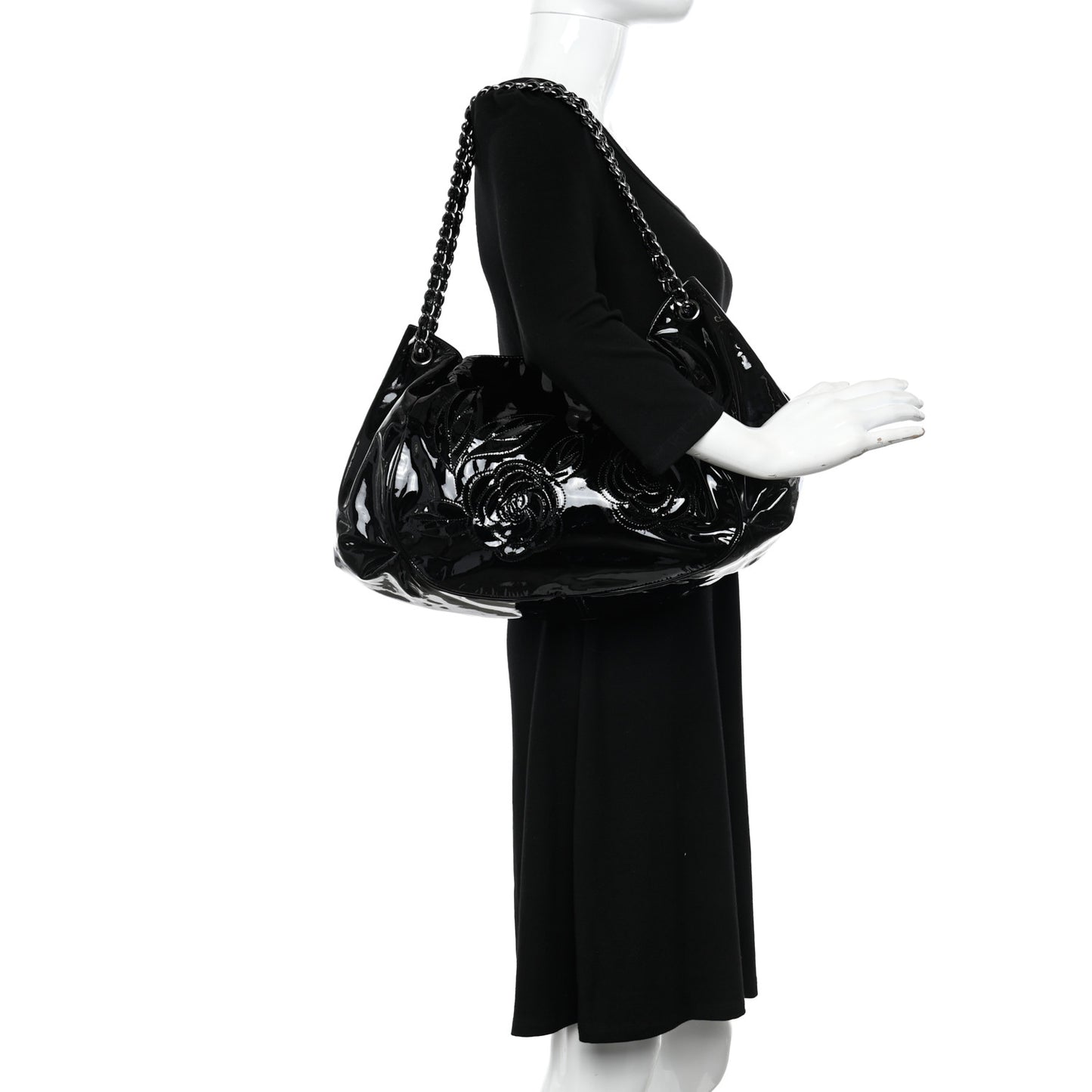 Patent Camellia Shoulder Bag Black