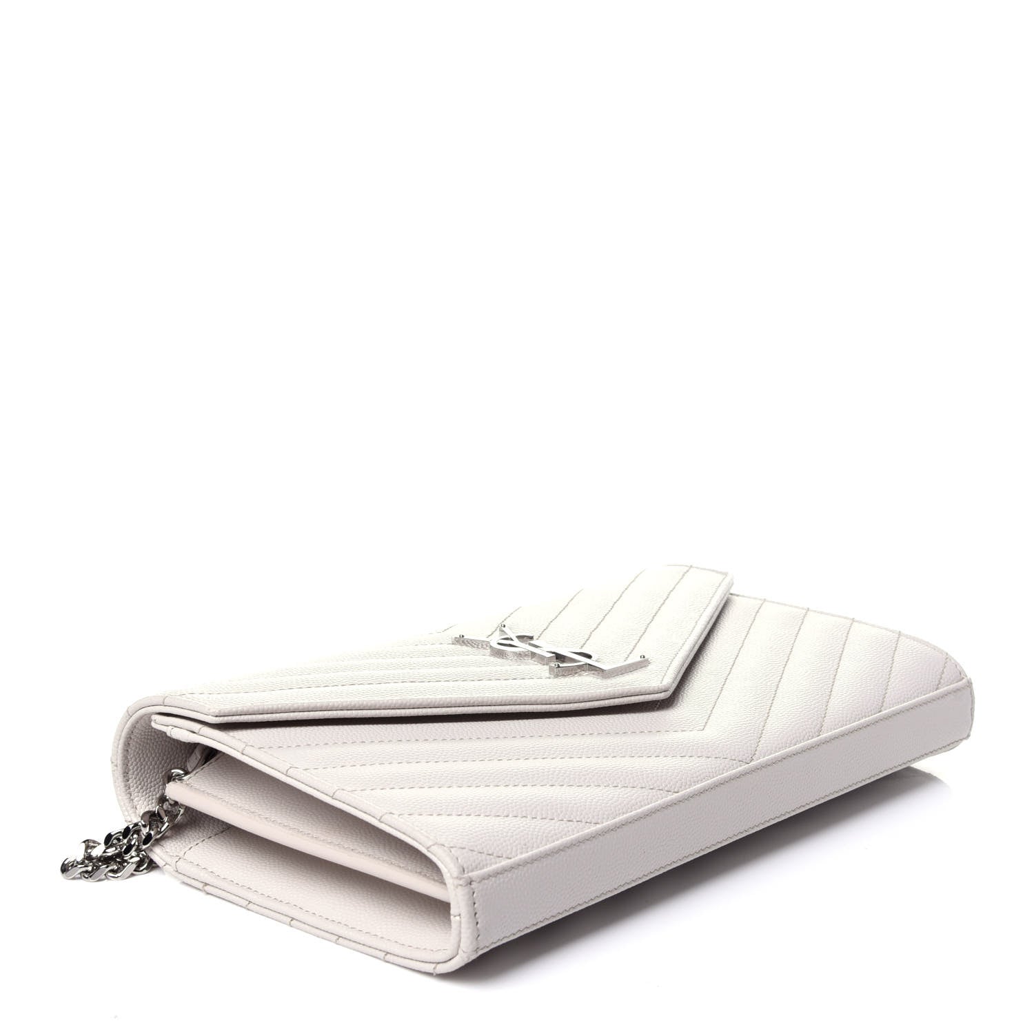 Saint Laurent Grain De Poudre Matelasse Chevron Monogram Chain Wallet Cream 4 of 12