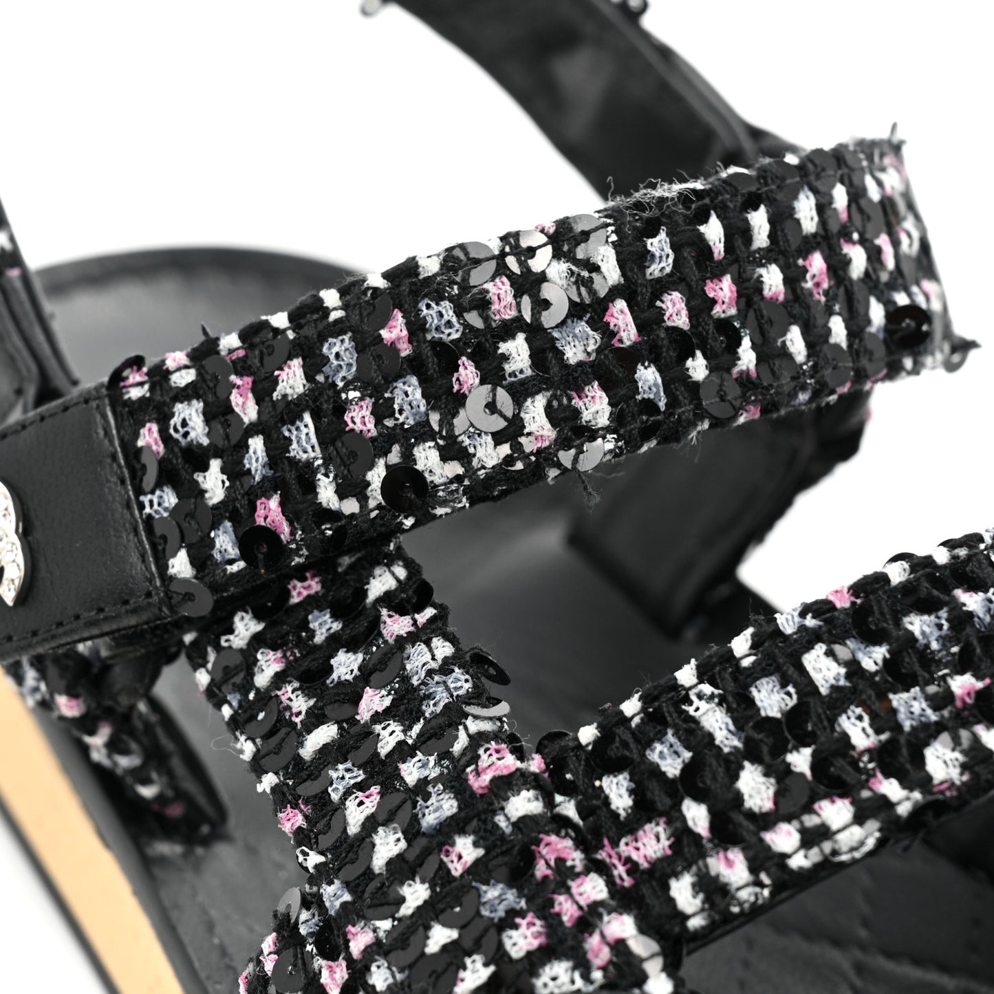 Tweed Lambskin Crystal CC Sandals 37 Black Multicolor