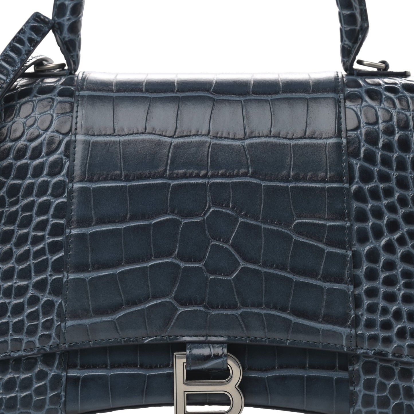 Shiny Calfskin Crocodile Embossed Medium Hourglass Top Handle Bag Denim Blue