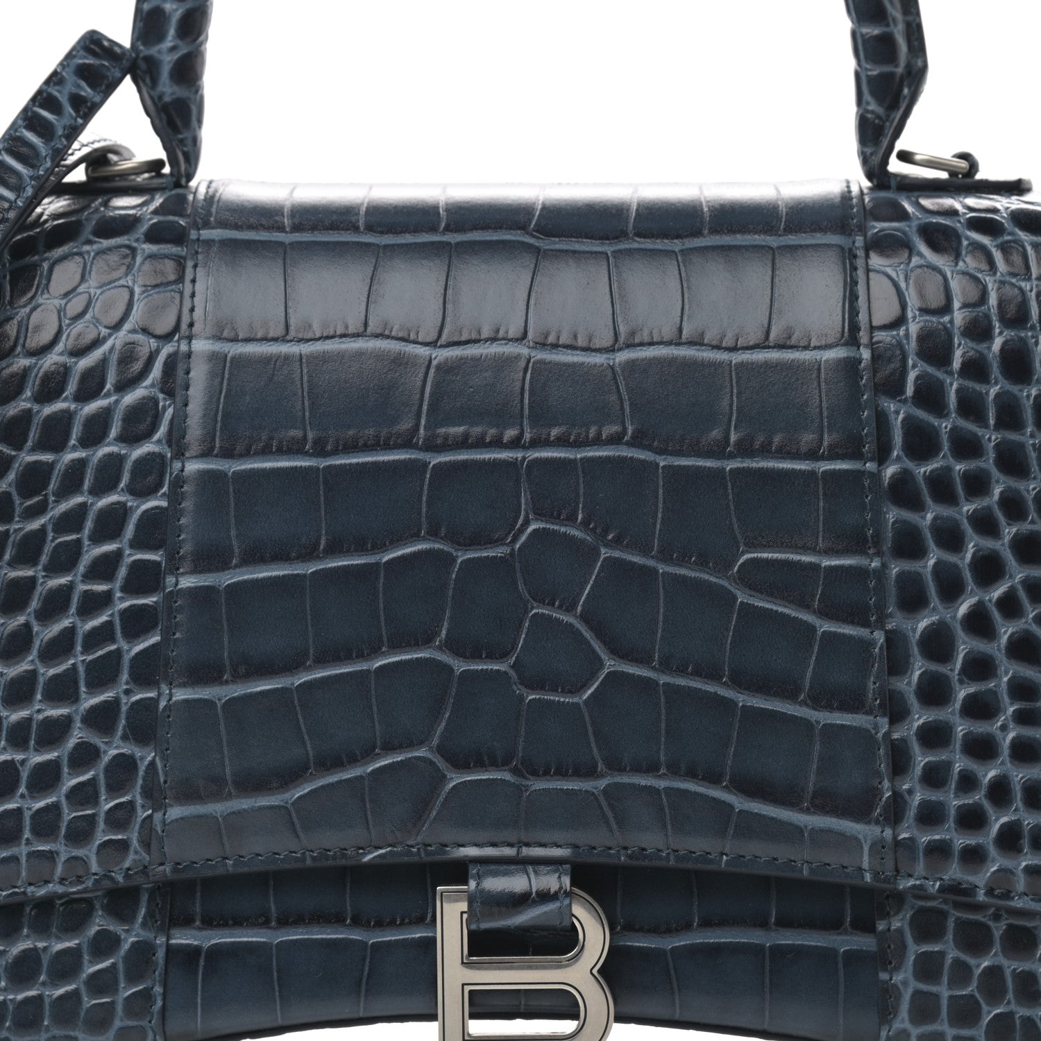Balenciaga Shiny Calfskin Crocodile Embossed Medium Hourglass Top Handle Bag Denim Blue 8 of 11
