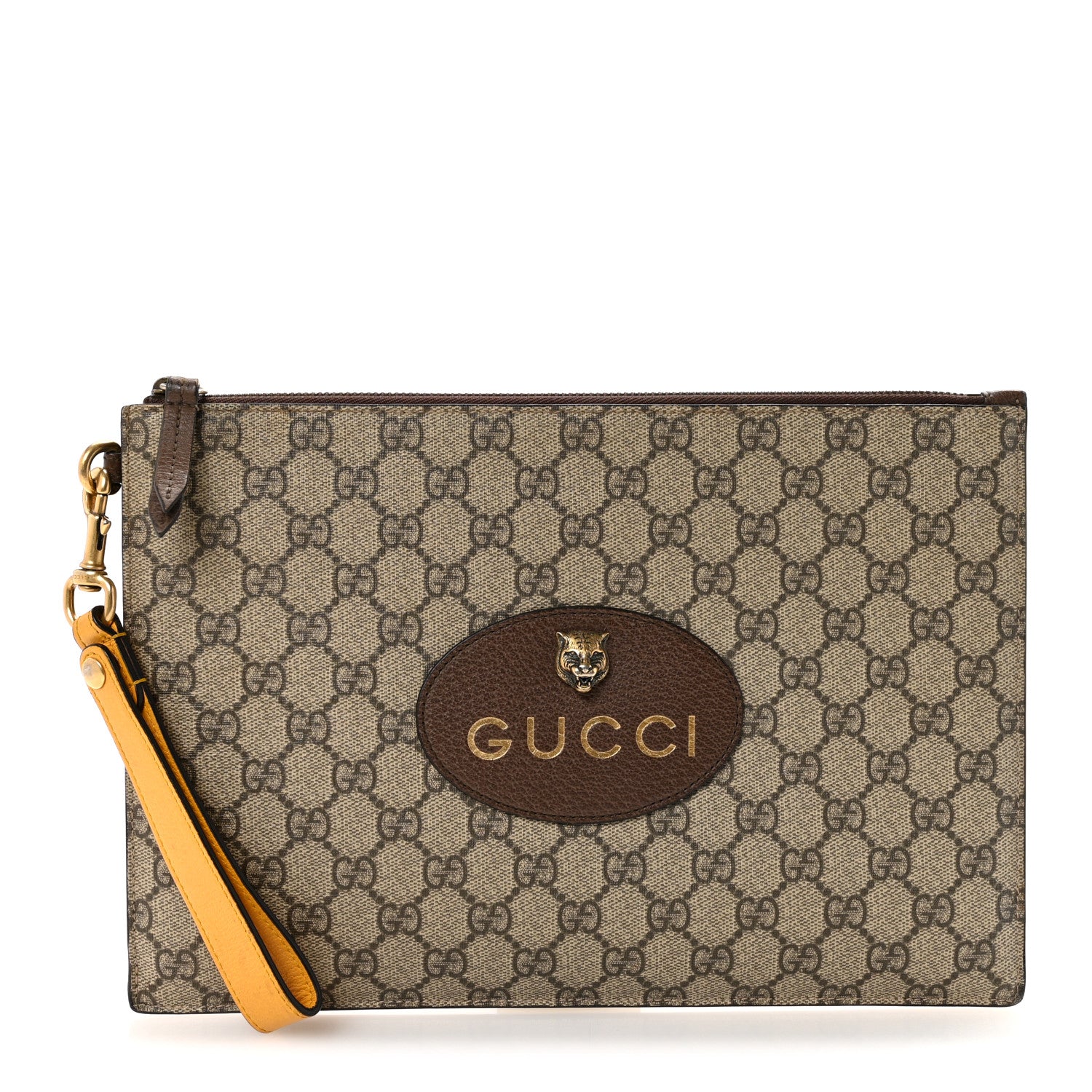 Gucci GG Supreme Monogram Neo Vintage Zip Wristlet Pouch Beige New