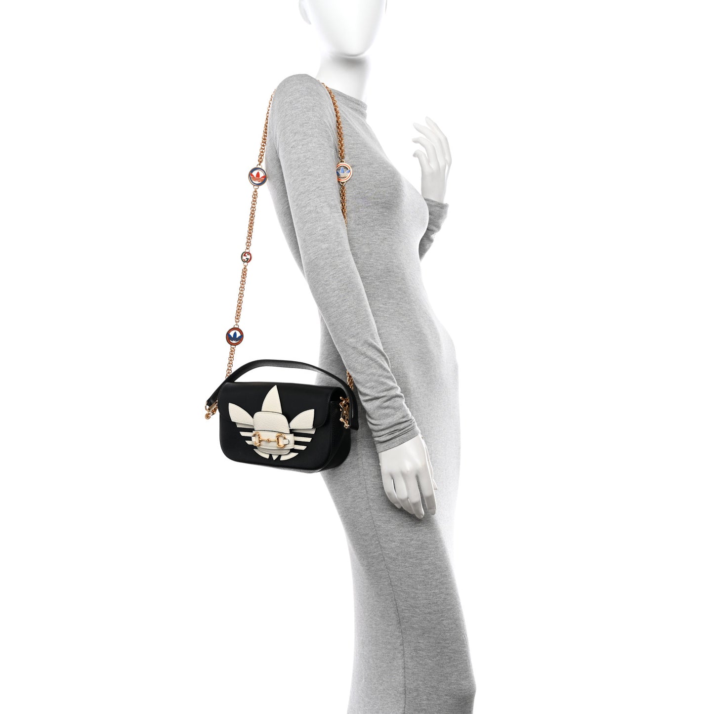 X ADIDAS Textured Dollar Calfskin Web Small Trefoil Horsebit 1955 Shoulder Bag Black Off White
