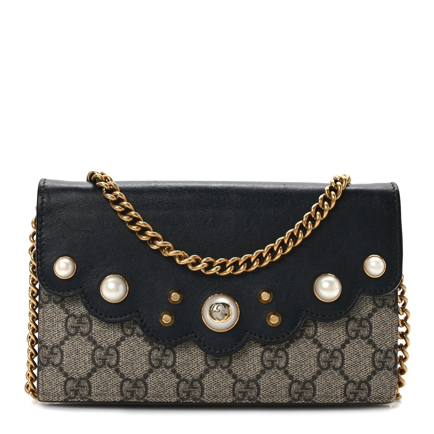 GG Supreme Monogram Mini Peony Pearly Wallet on Chain Black