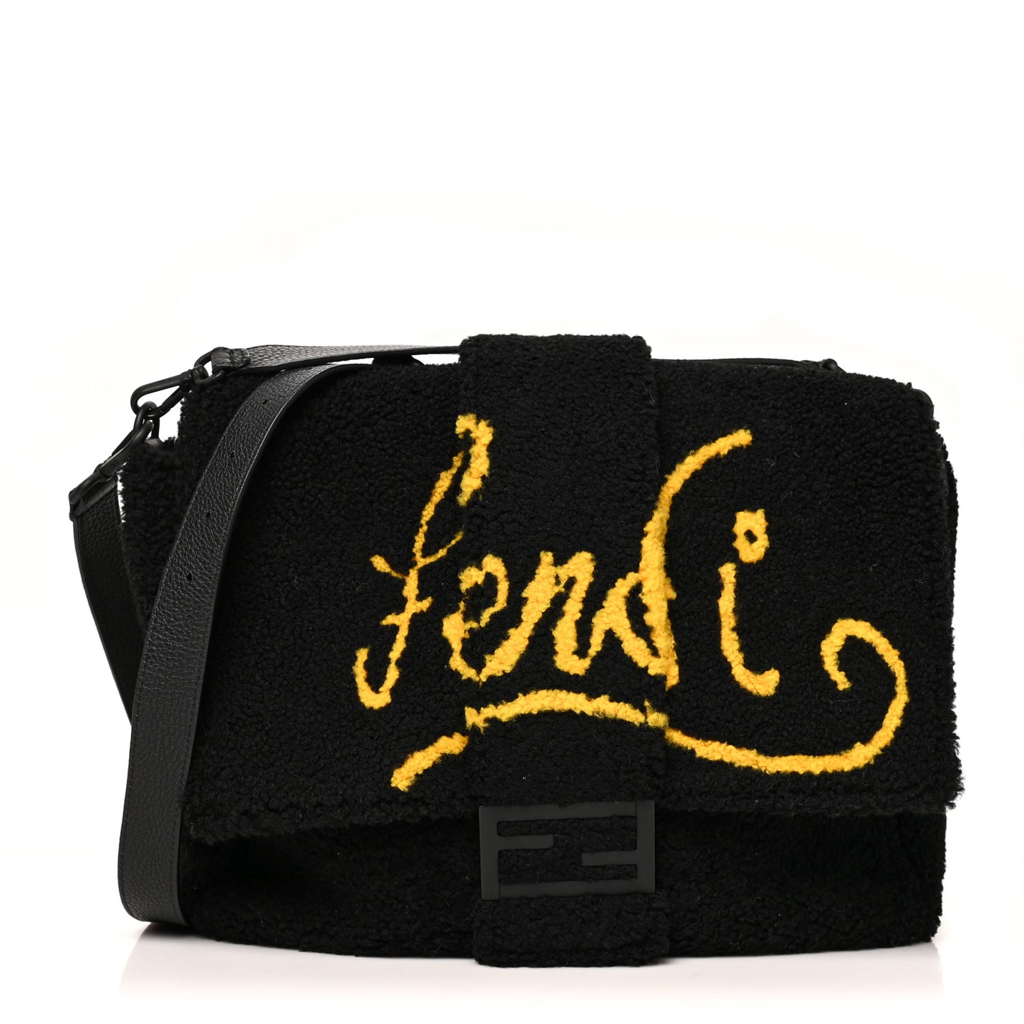 Shearling Calfskin Large Baguette Messenger Bag Black Giallo