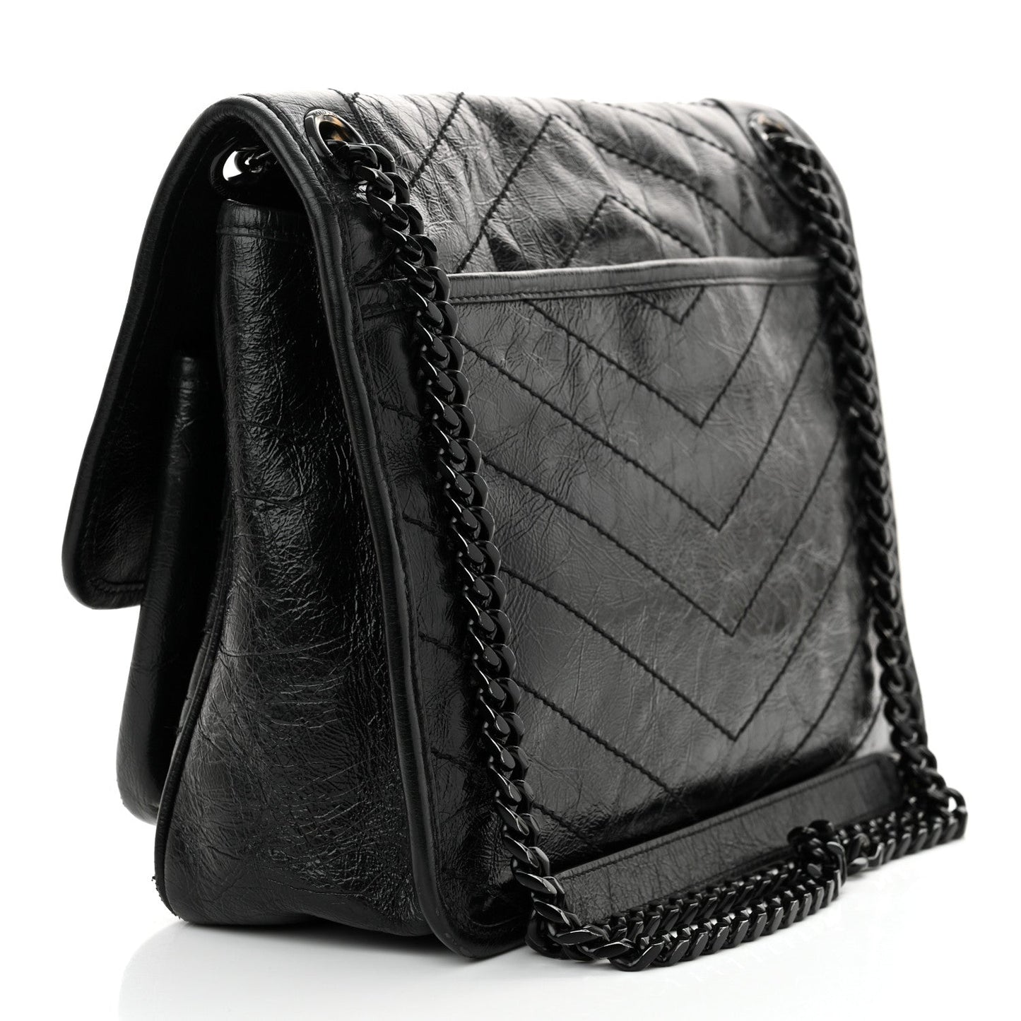Crinkled Calfskin Matelasse Monogram Medium Niki Chain Satchel Black