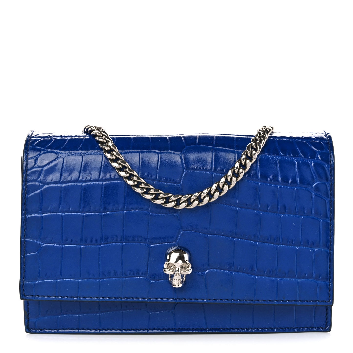Calfskin Crocodile Embossed Skull Mini Crossbody Bag Deep Lapis Blue