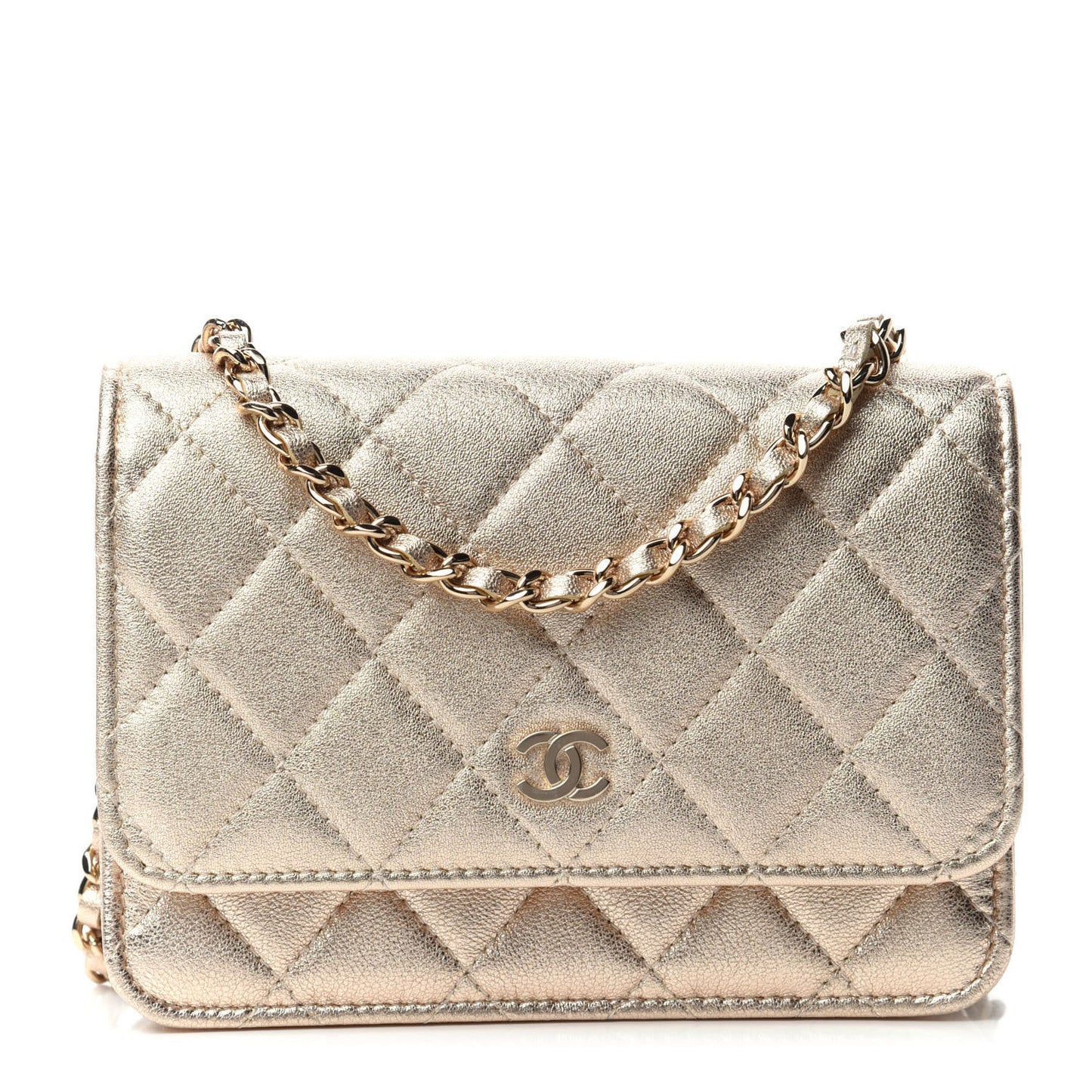 Metallic Lambskin Quilted Mini Wallet On Chain WOC Gold