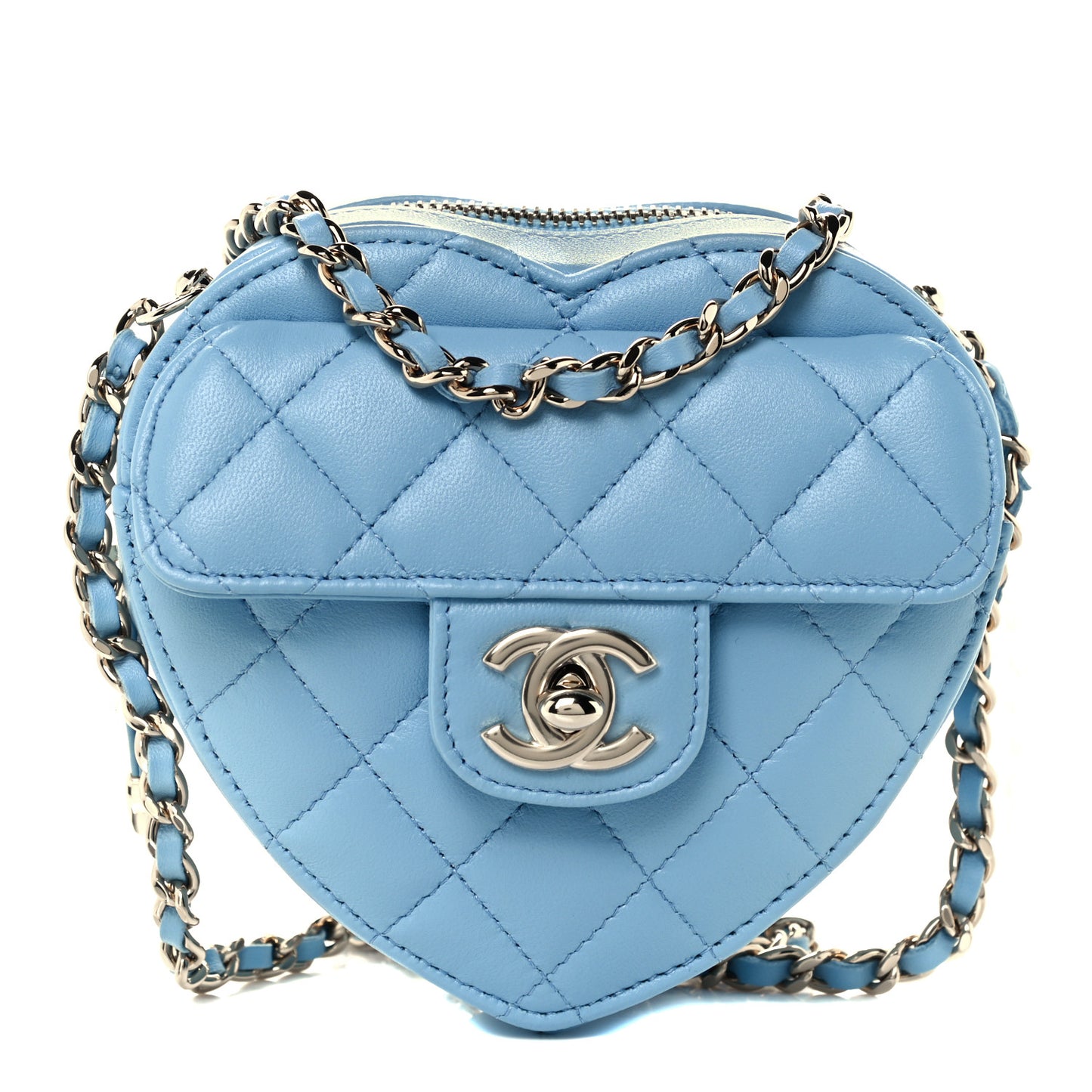 Lambskin Quilted CC In Love Heart Clutch With Chain Light Blue
