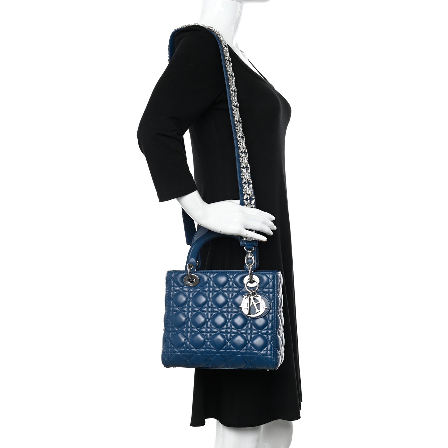 Lambskin Cannage Medium Lady Dior Crystal Strap Navy