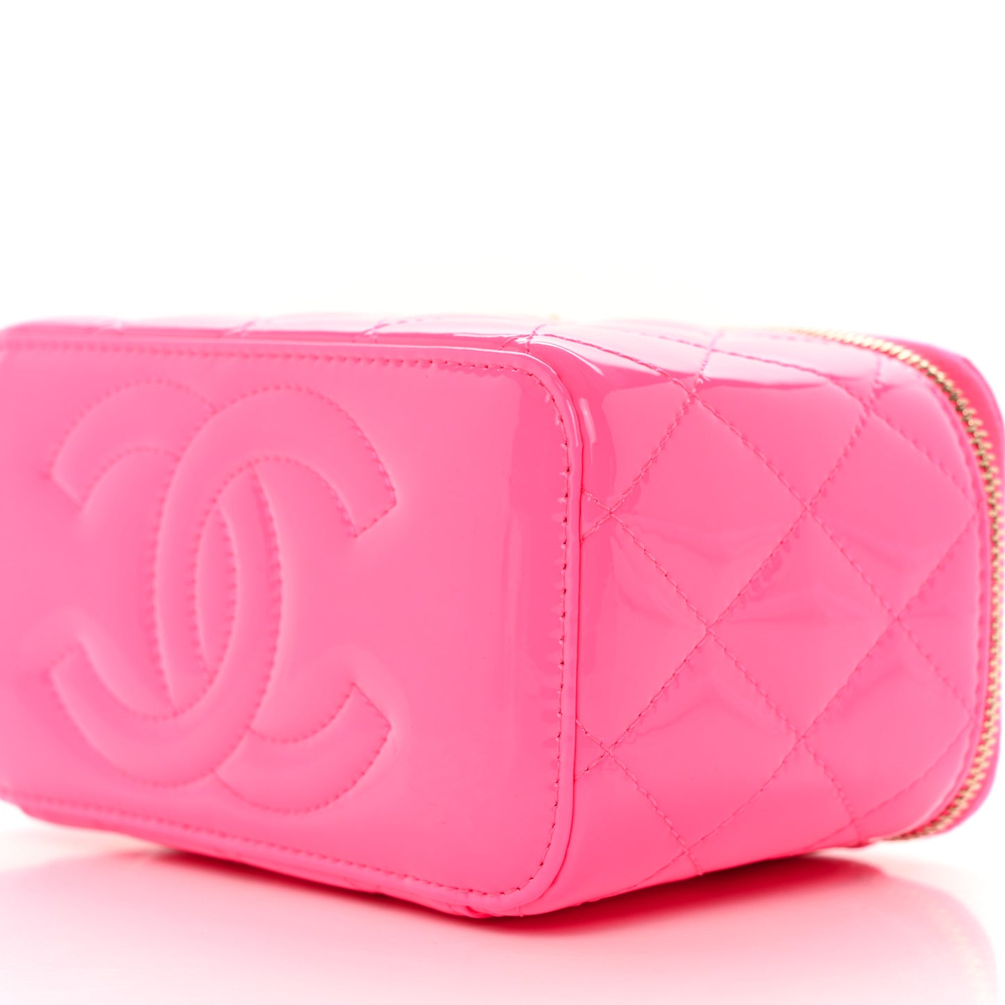 Patent Quilted Pearl Crush Small Vanity Case With Chain Neon Pink