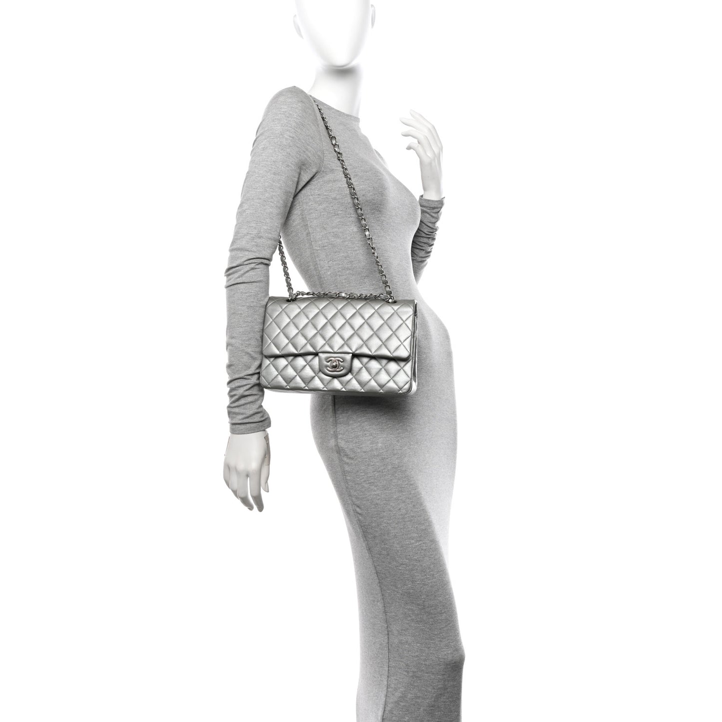 Metallic Lambskin Quilted Medium Double Flap Silver