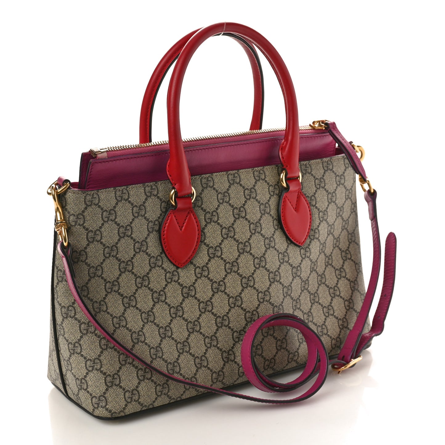 GG Supreme Monogram Moon Calfskin Small Zip Top Tote Beige Ebony Hibiscus Red New Rosette