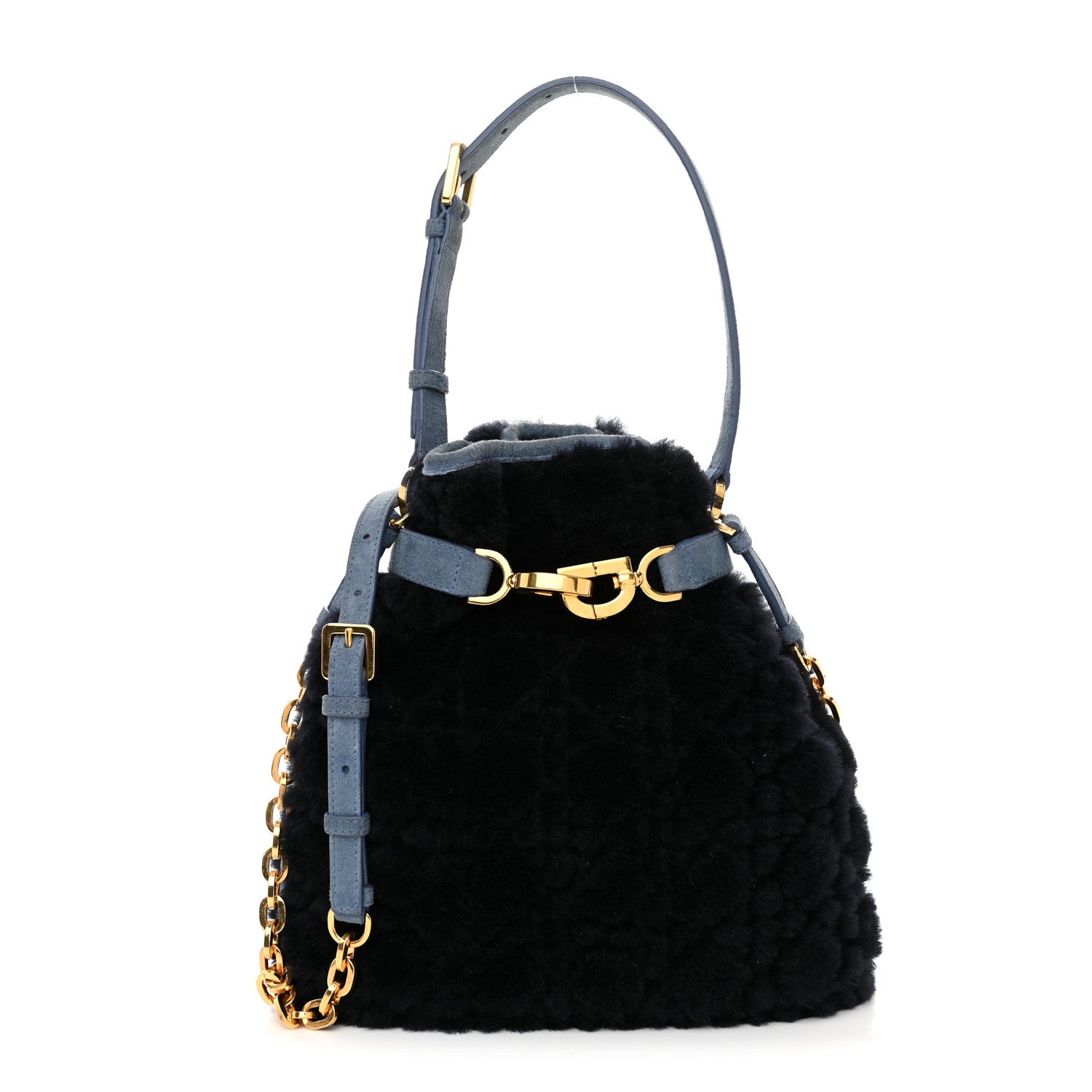 Christian Dior Shearling Suede C'est Dior Cannage Bucket Bag Navy 1 of 9