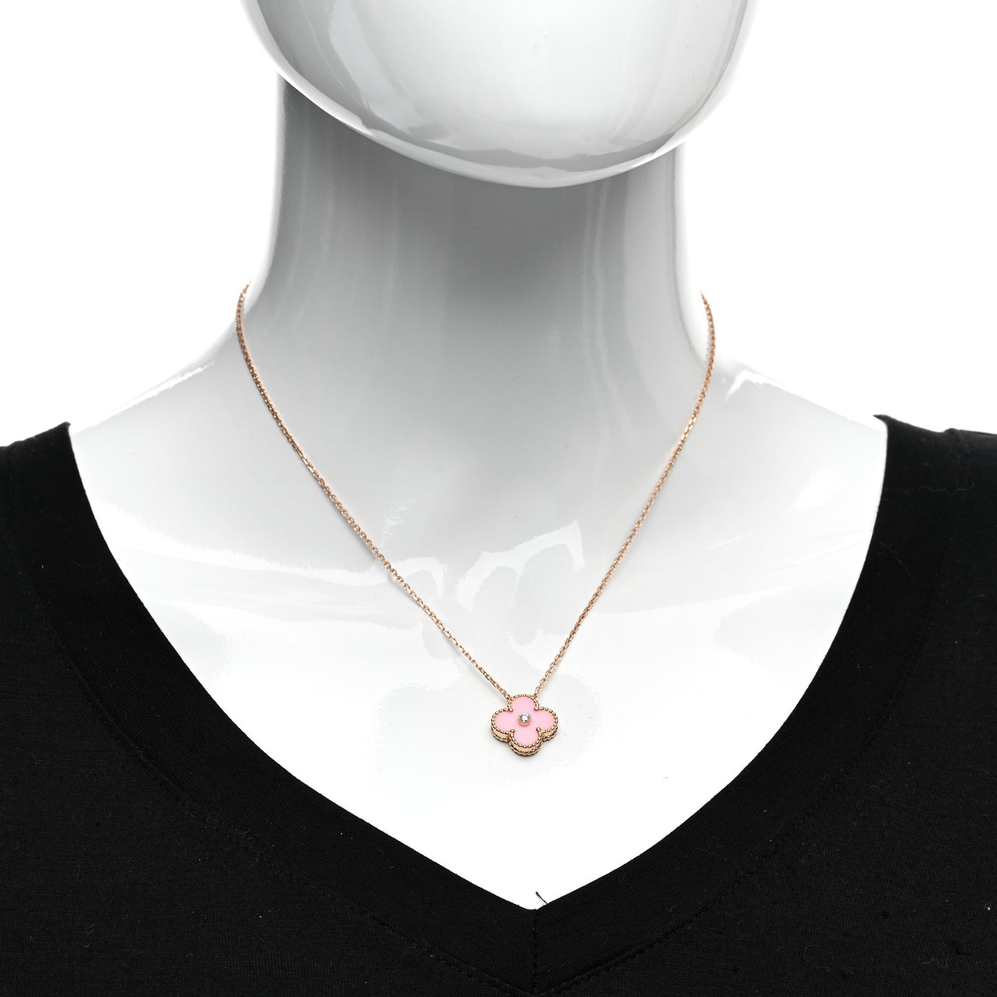 18K Rose Gold Diamond Pink Porcelain Vintage Alhambra Pendant Necklace