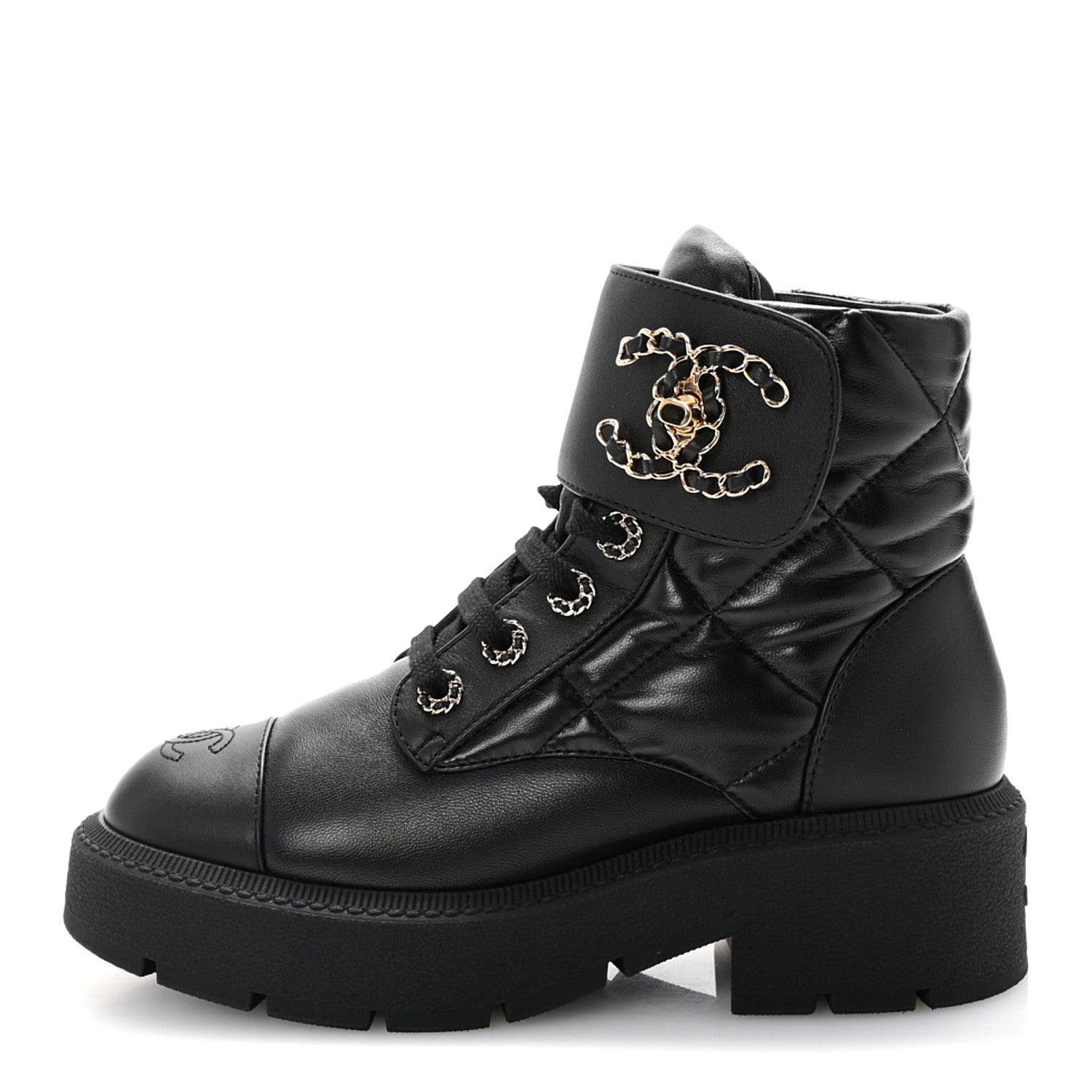 Chanel Lambskin Calfskin Quilted Lace Up Combat Boots 37 Black