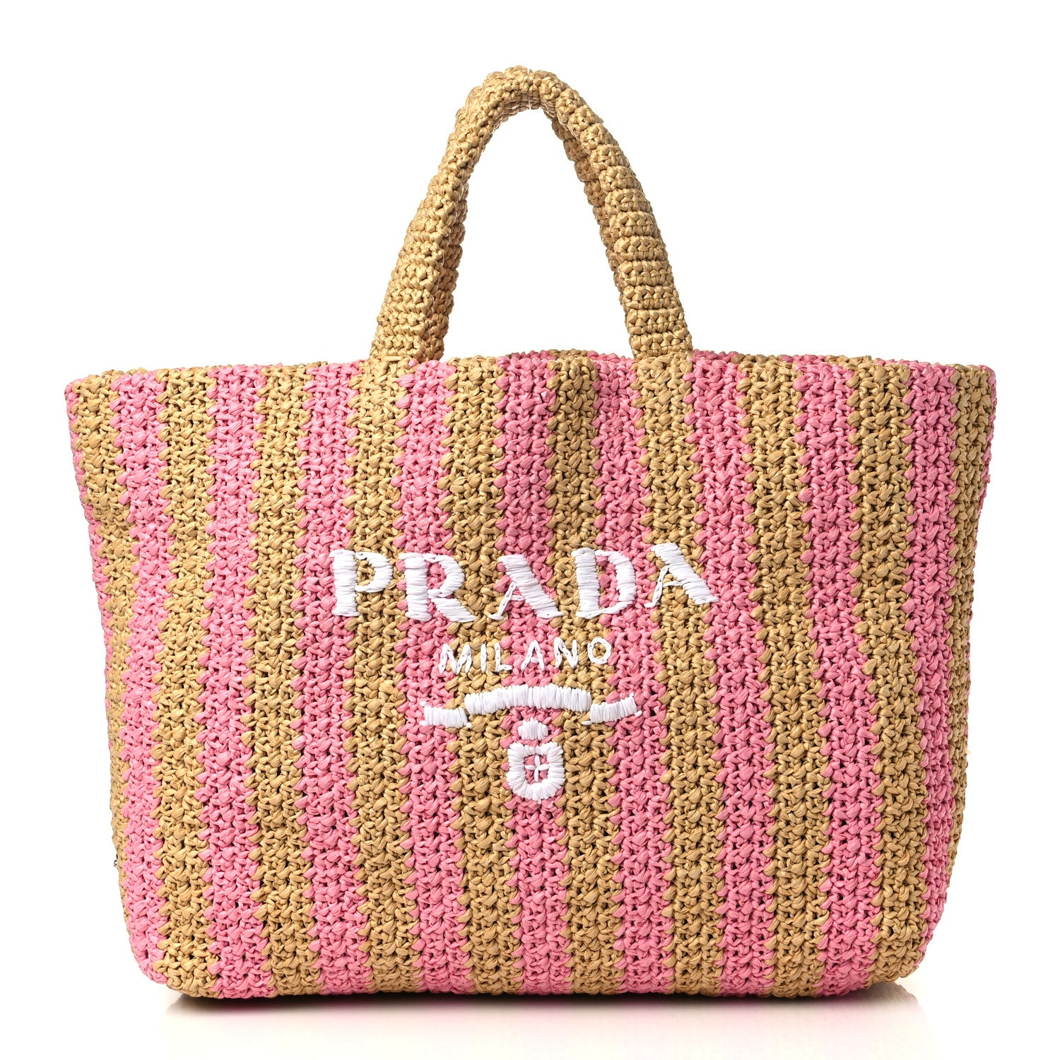 Prada Yarn Raffia Effect Crochet Striped Large Logo Tote Naturale Petalo 1 of 8