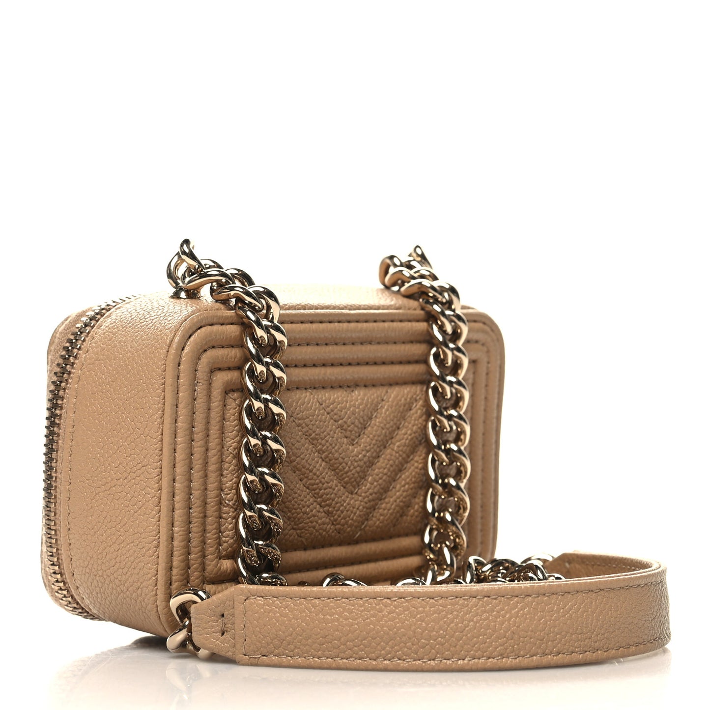 Caviar Chevron Quilted Mini Boy Clutch With Chain Beige