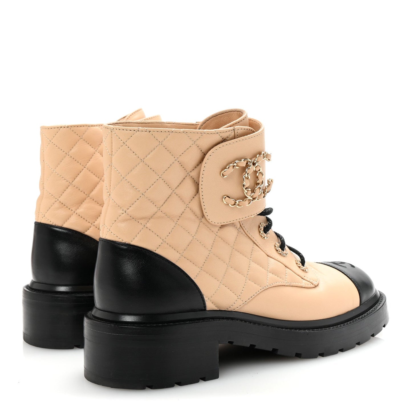 Lambskin Calfskin Quilted Lace Up Combat Boots 41 Beige Black