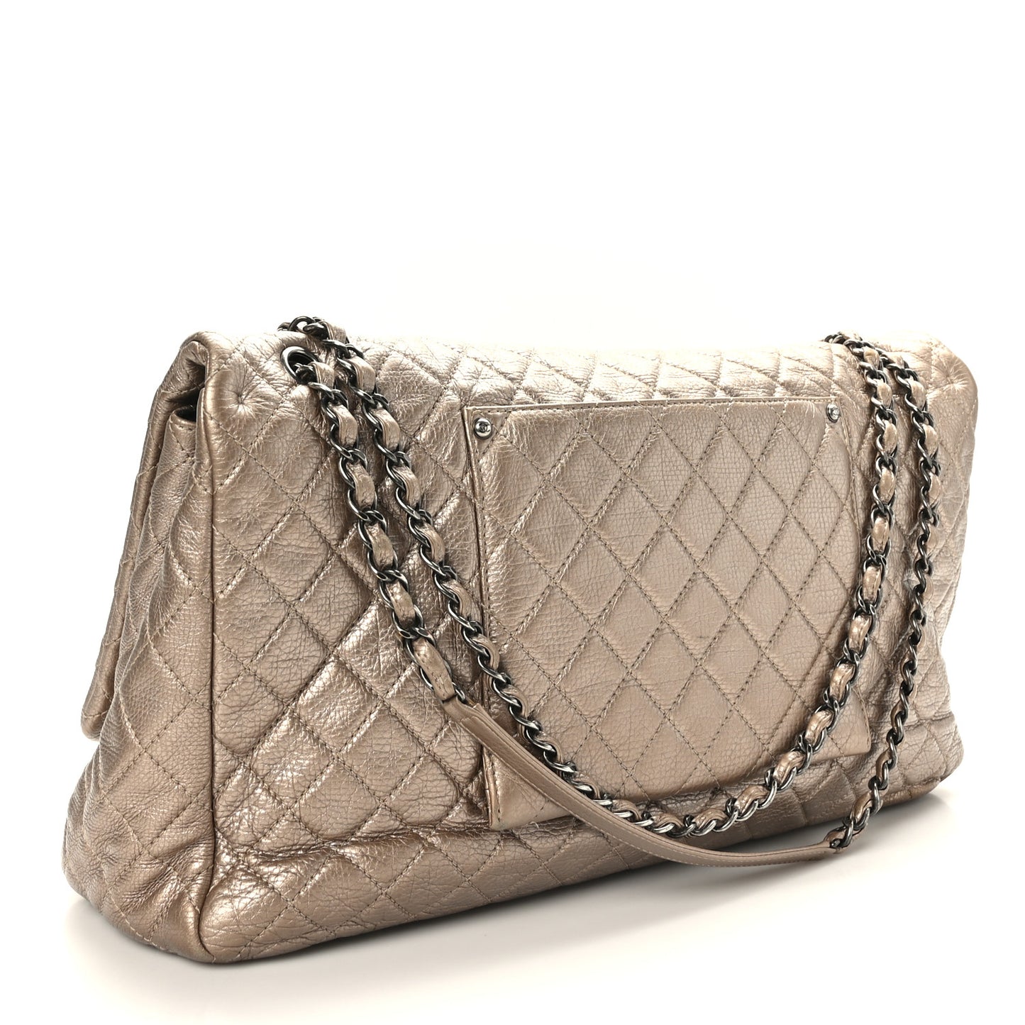 Metallic Calfskin Quilted XXL Travel Flap Bag Gold