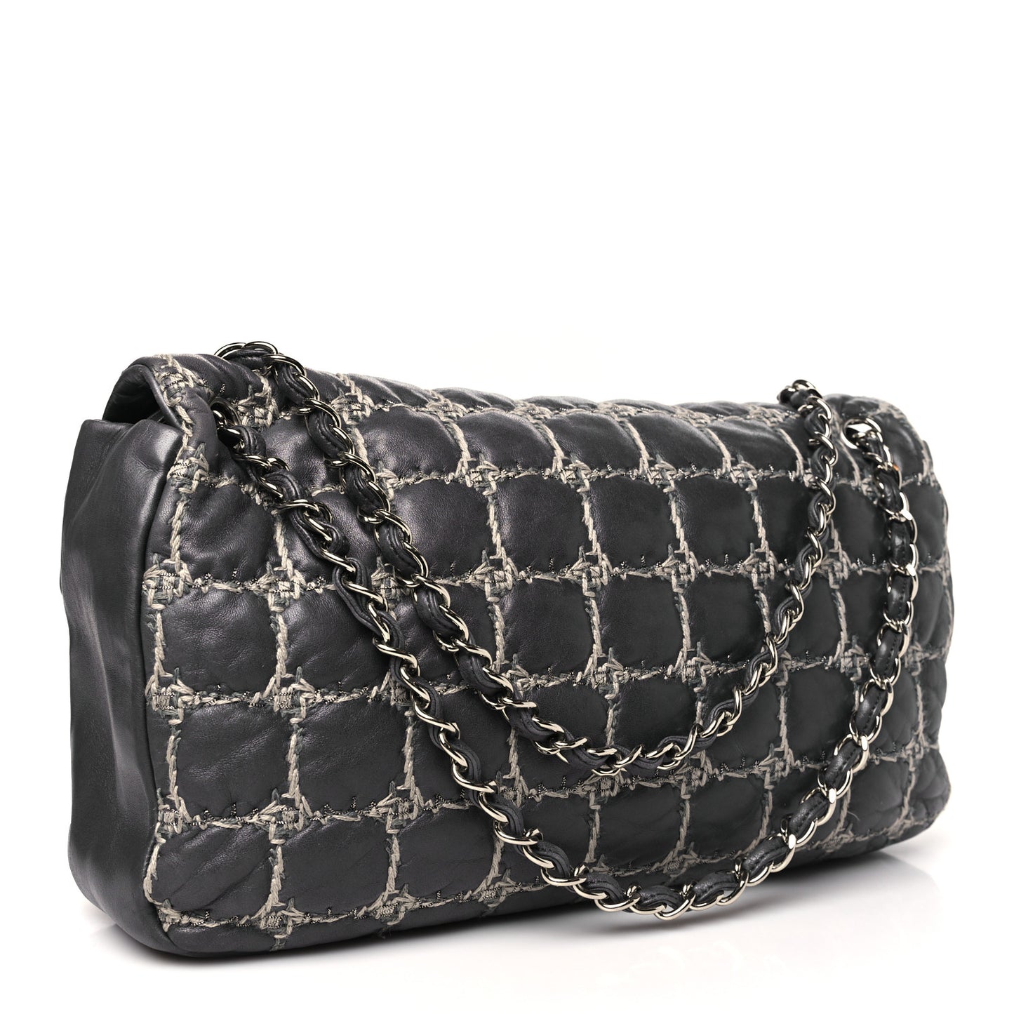 Lambskin Tweed Double Stitch Maxi Flap Grey