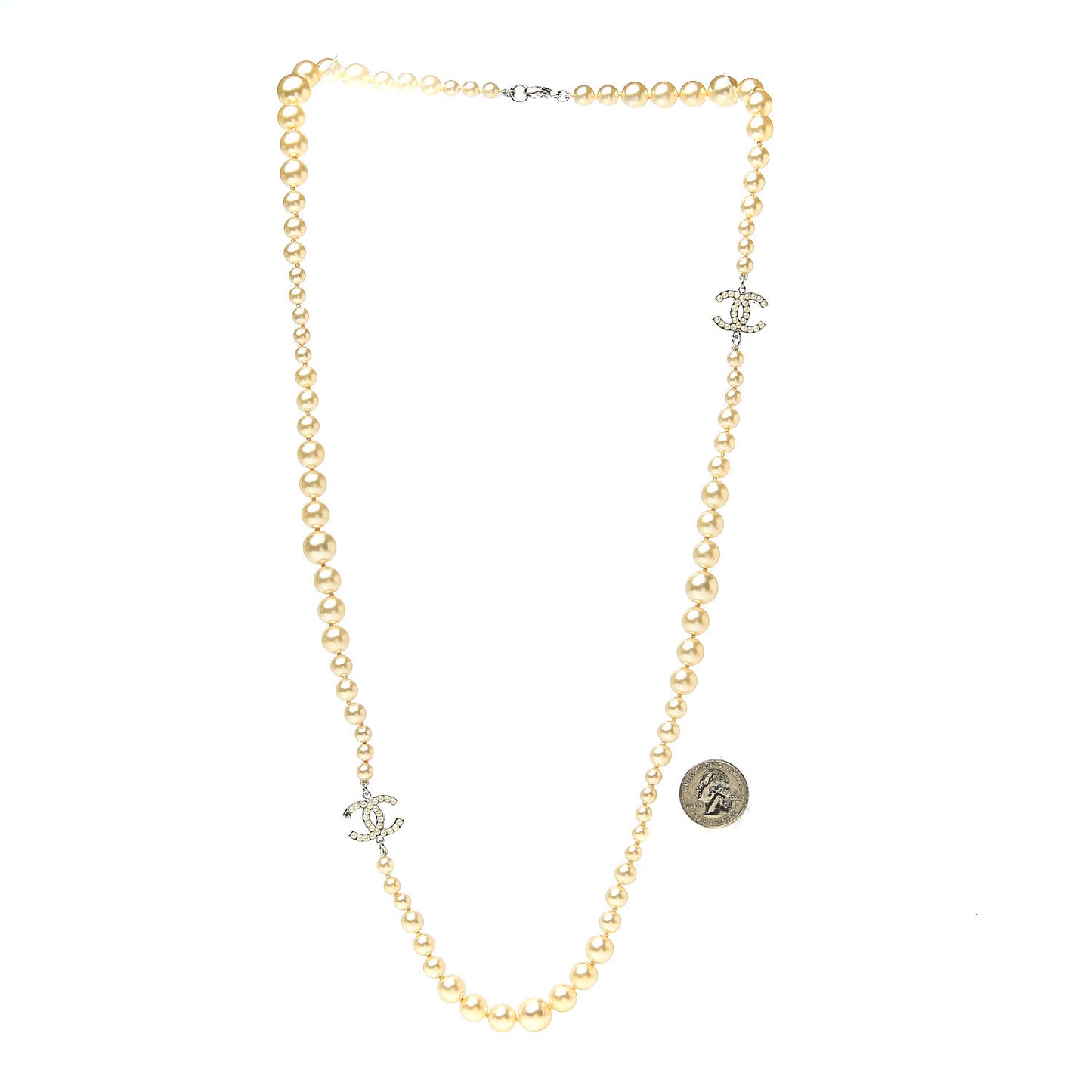 Graduated Pearl CC Long Necklace Silver