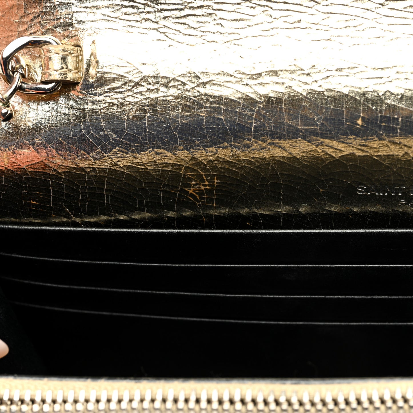 Metallic Crackled Calfskin Kate Monogram Tassel Chain Wallet Gold