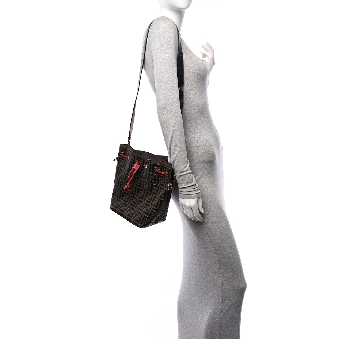 Vitello Grace F is Fendi Bi-Color FF 1974 Embossed Grande Mon Tresor Bucket Bag Maya Black Fragola