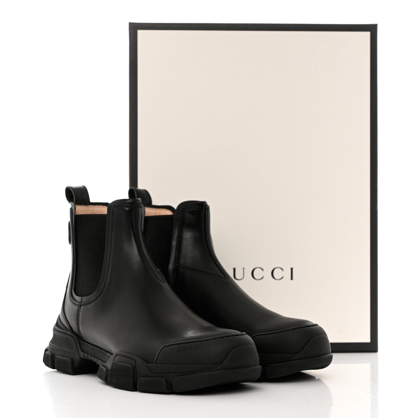Calfskin Logo Mens Lug Sole Chelsea Ankle Boots 7 Black