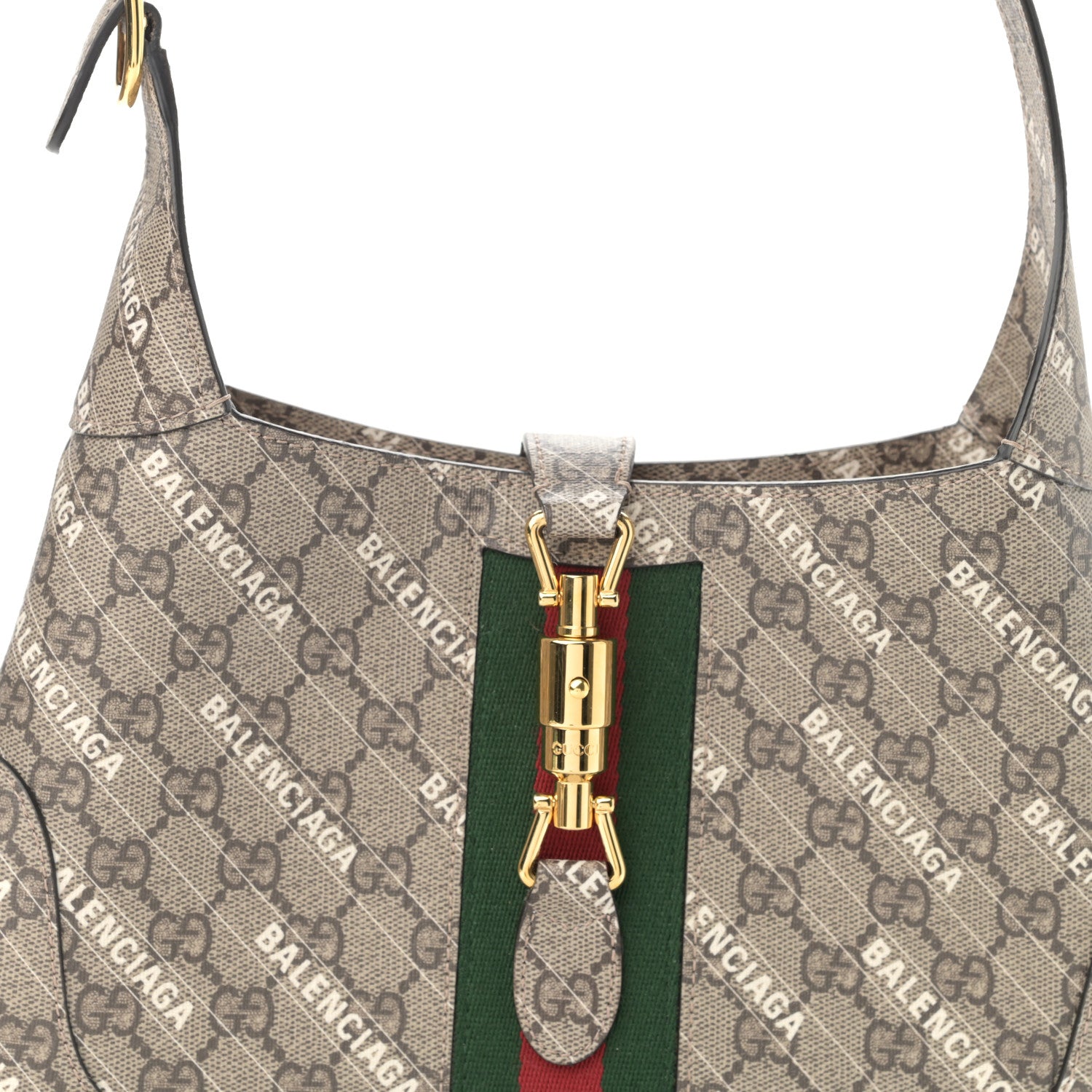 Gucci X BALENCIAGA GG Supreme Monogram Striped Logo Print Web Small Jackie 1961 Hobo Beige Ebony Mystic White 8 of 10