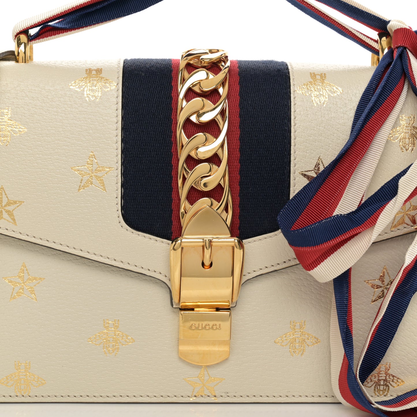 Textured Calfskin Bee Star Print Small Sylvie Shoulder Bag Mystic White