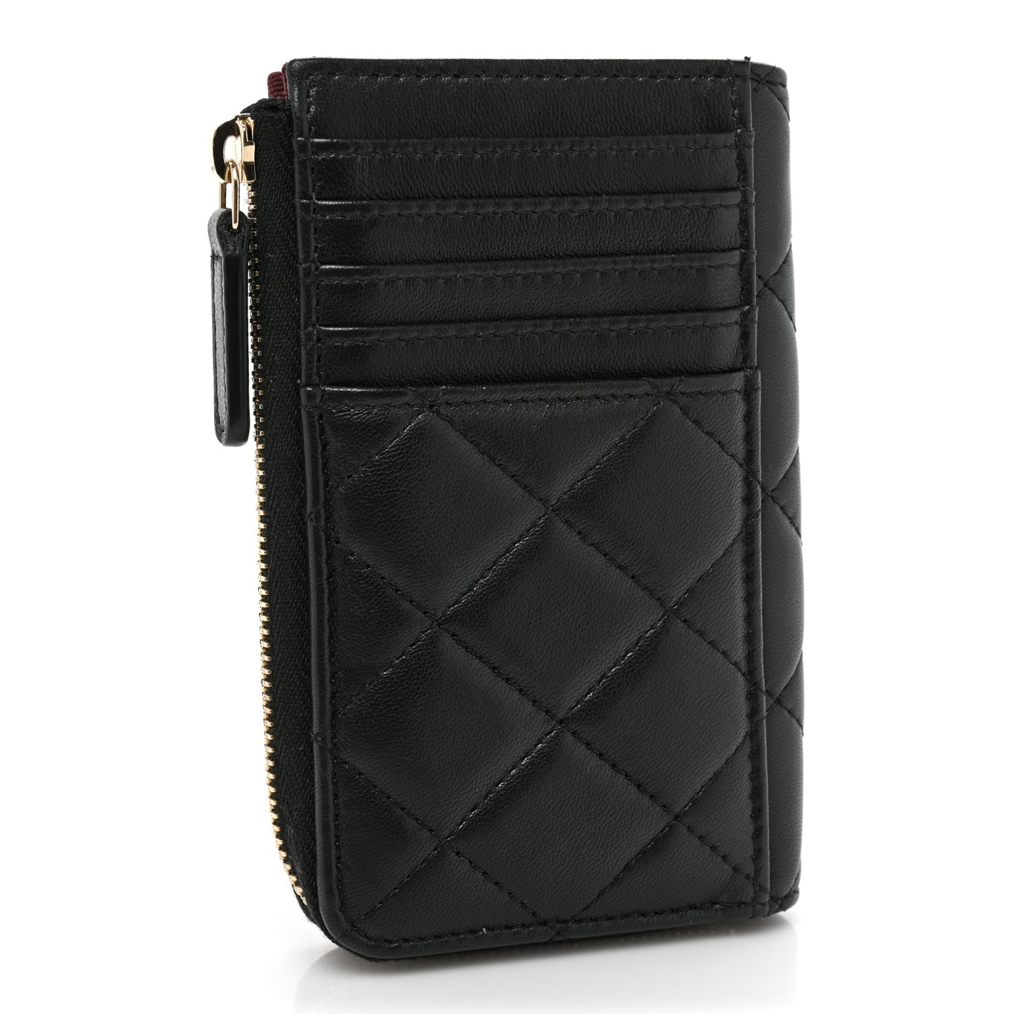 Lambskin Quilted Zip Card Holder Black