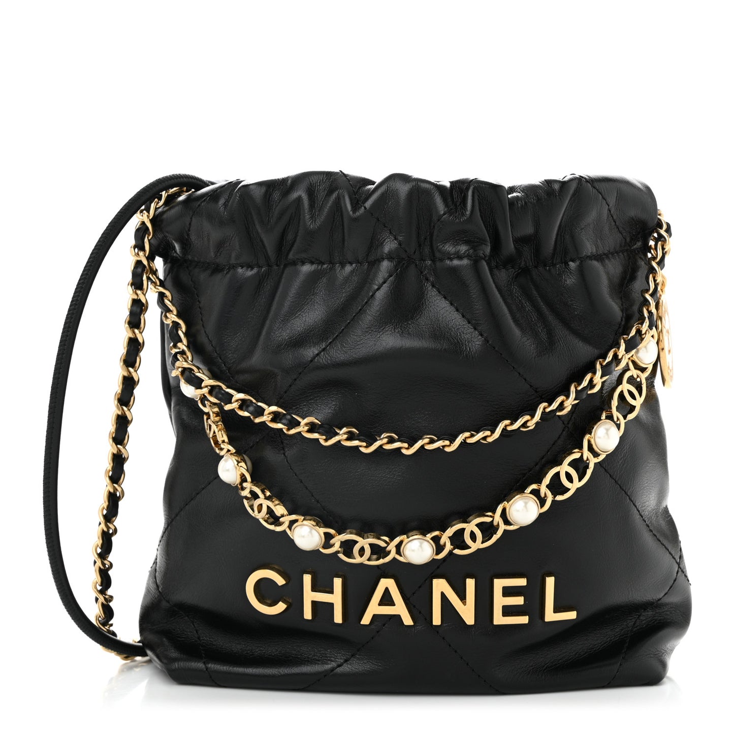 Shiny Calfskin Quilted Pearl CC Chain Mini Chanel 22 Black
