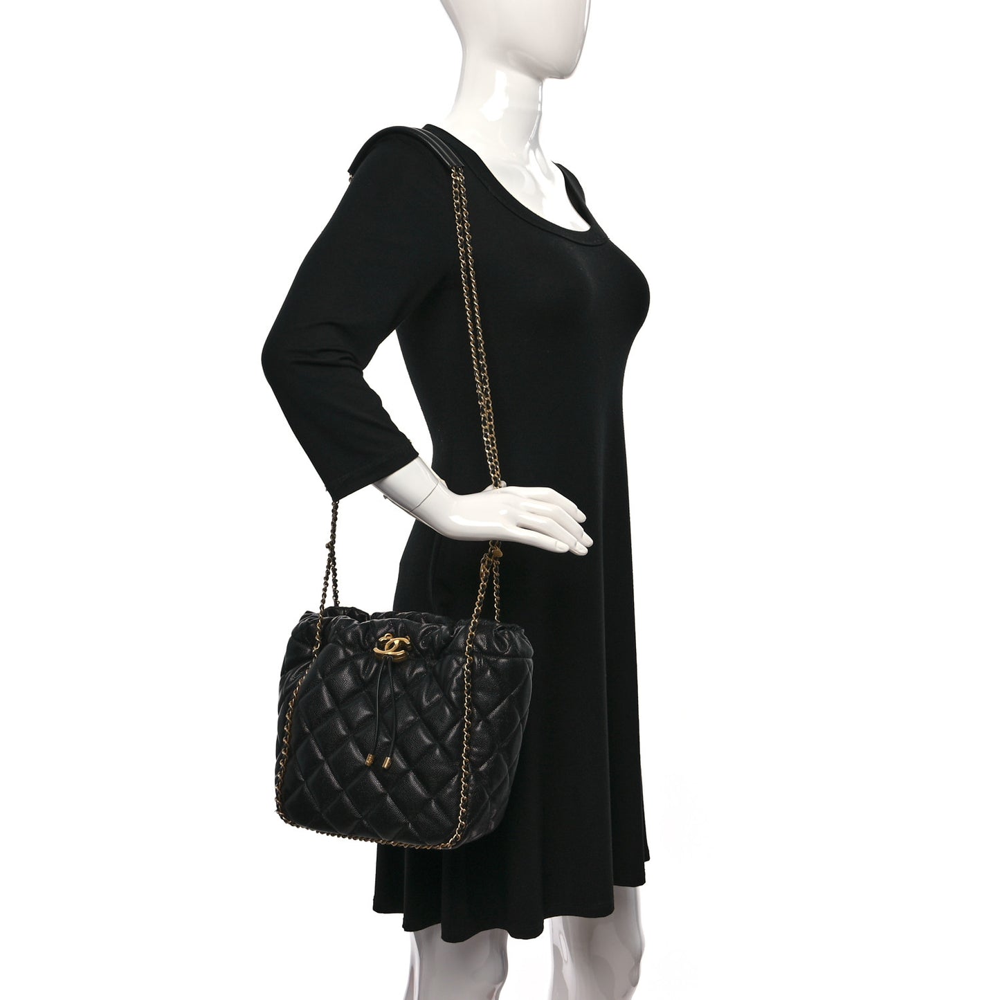 Caviar Quilted Chain Around Multi Chain Bucket Drawstring Bag Black