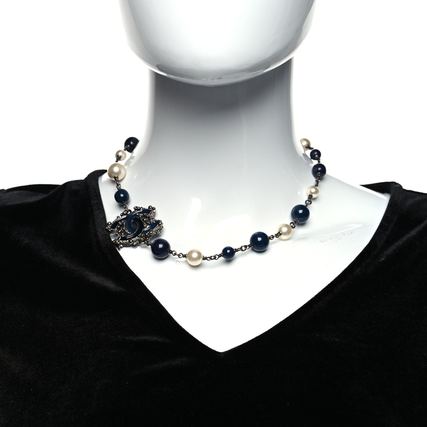 Pearl Crystal Enamel Beaded CC Necklace Blue Silver